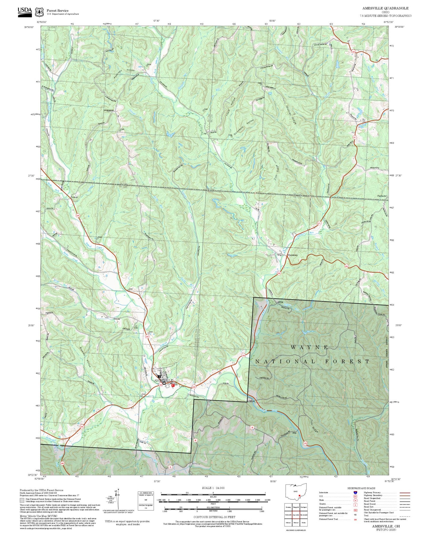 2025 Forest Service Topo Map of Amesville Ohio