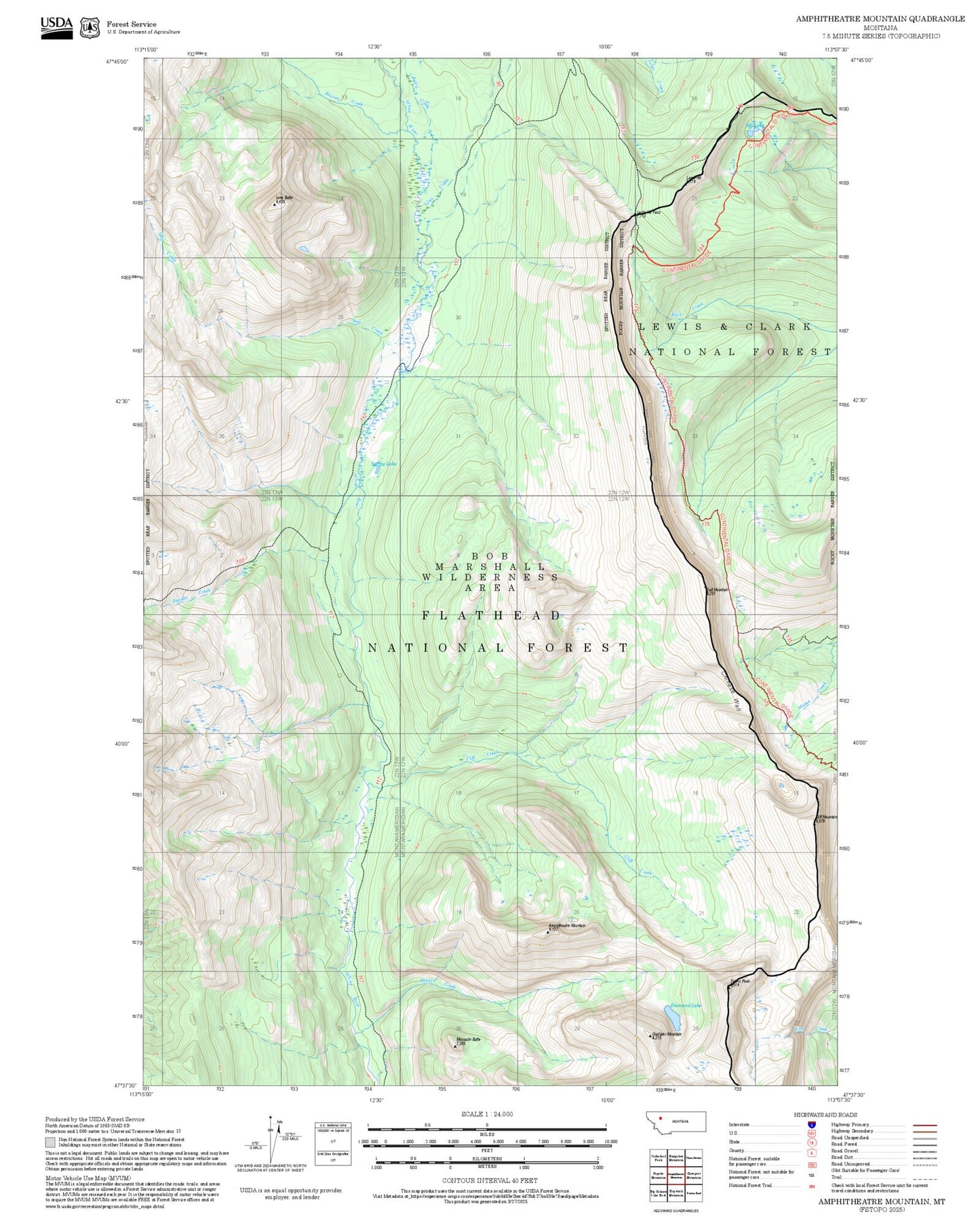 2025 Forest Service Topo Map of Amphitheatre Mountain Montana