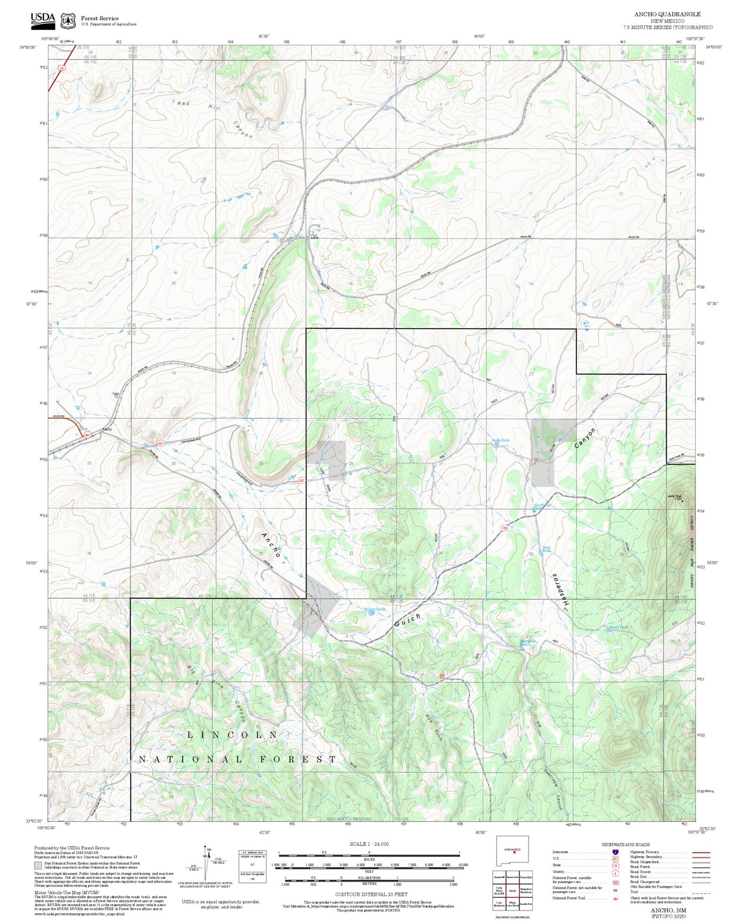 2025 Forest Service Topo Map of Ancho New Mexico