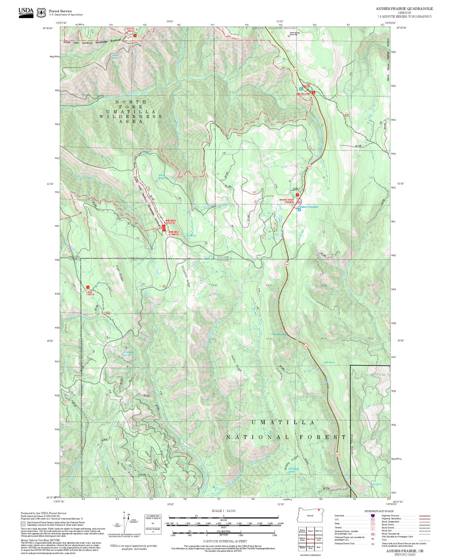 2025 Forest Service Topo Map of Andies Prairie Oregon