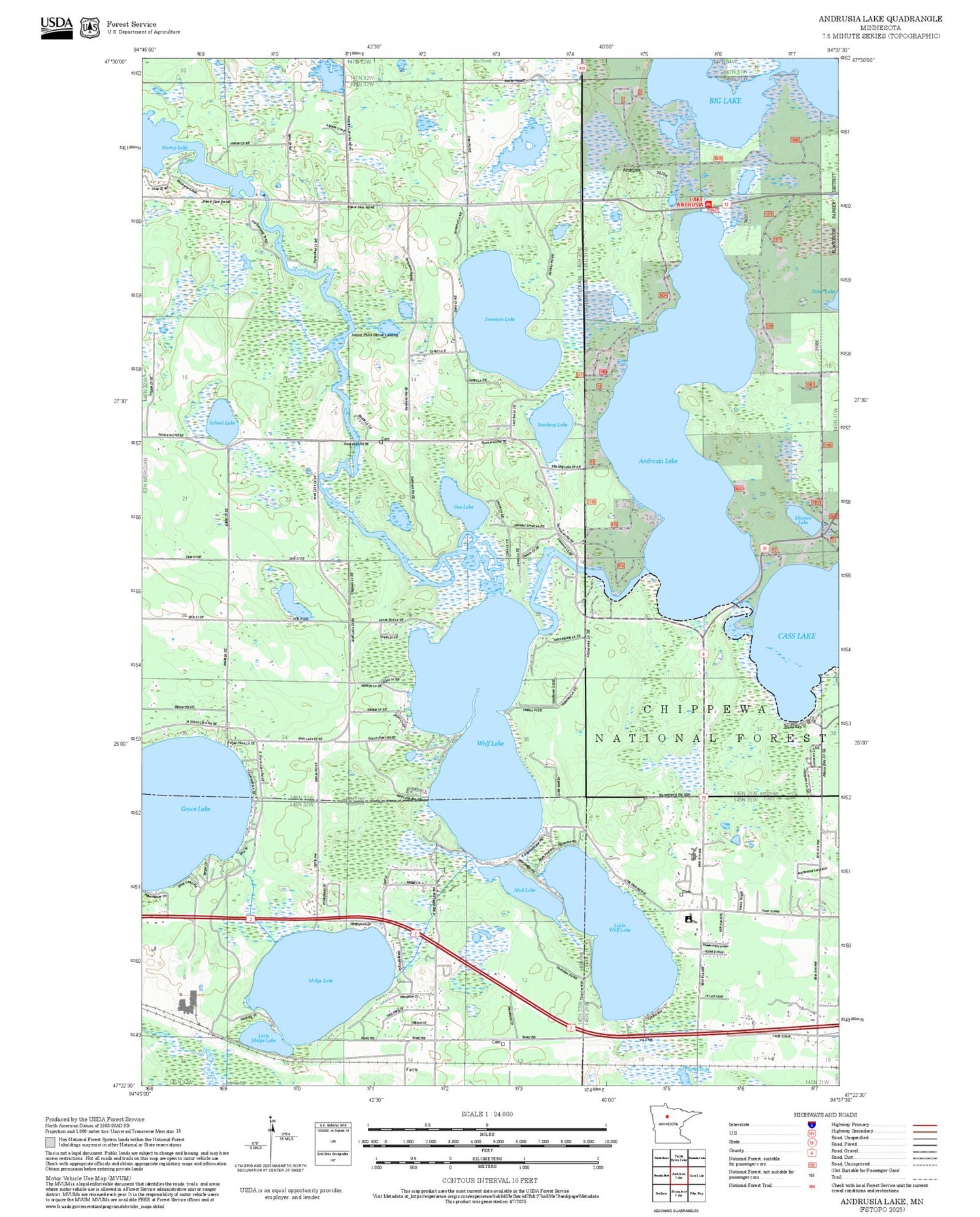 2025 Forest Service Topo Map of Andrusia Lake Minnesota