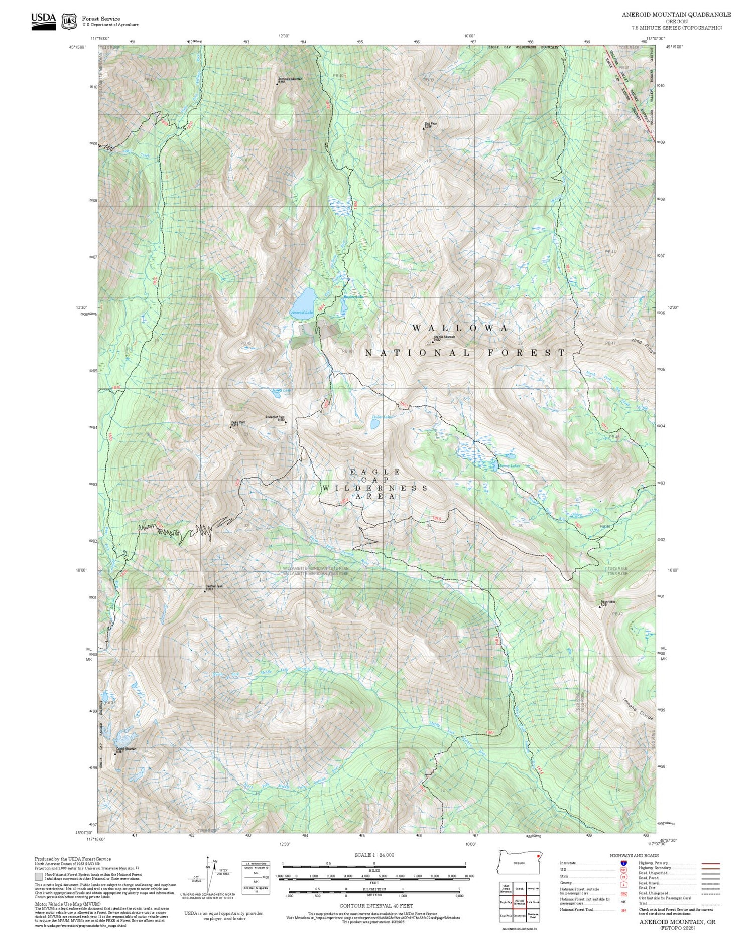 2025 Forest Service Topo Map of Aneroid Mountain Oregon