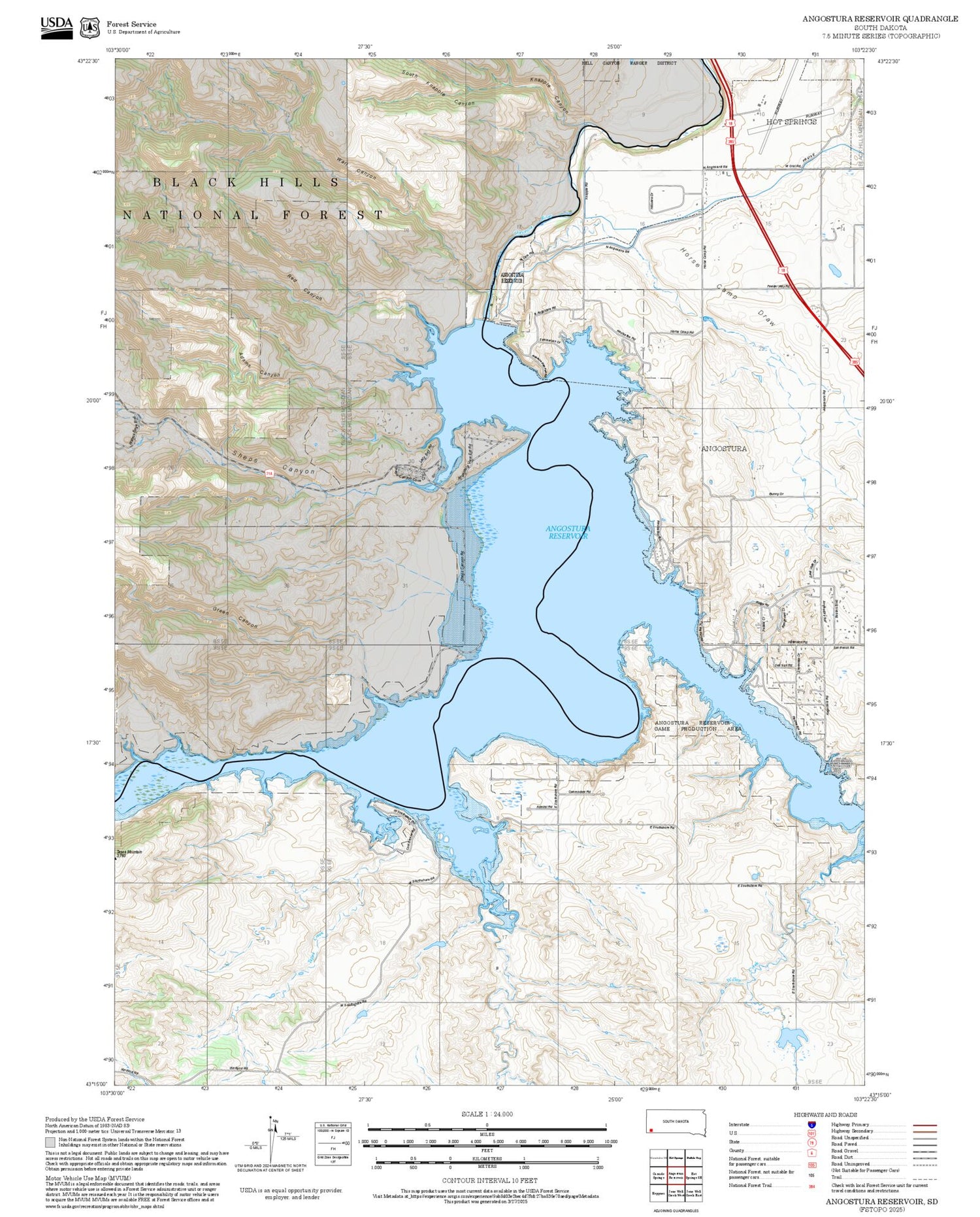 2025 Forest Service Topo Map of Angostura Reservoir South Dakota