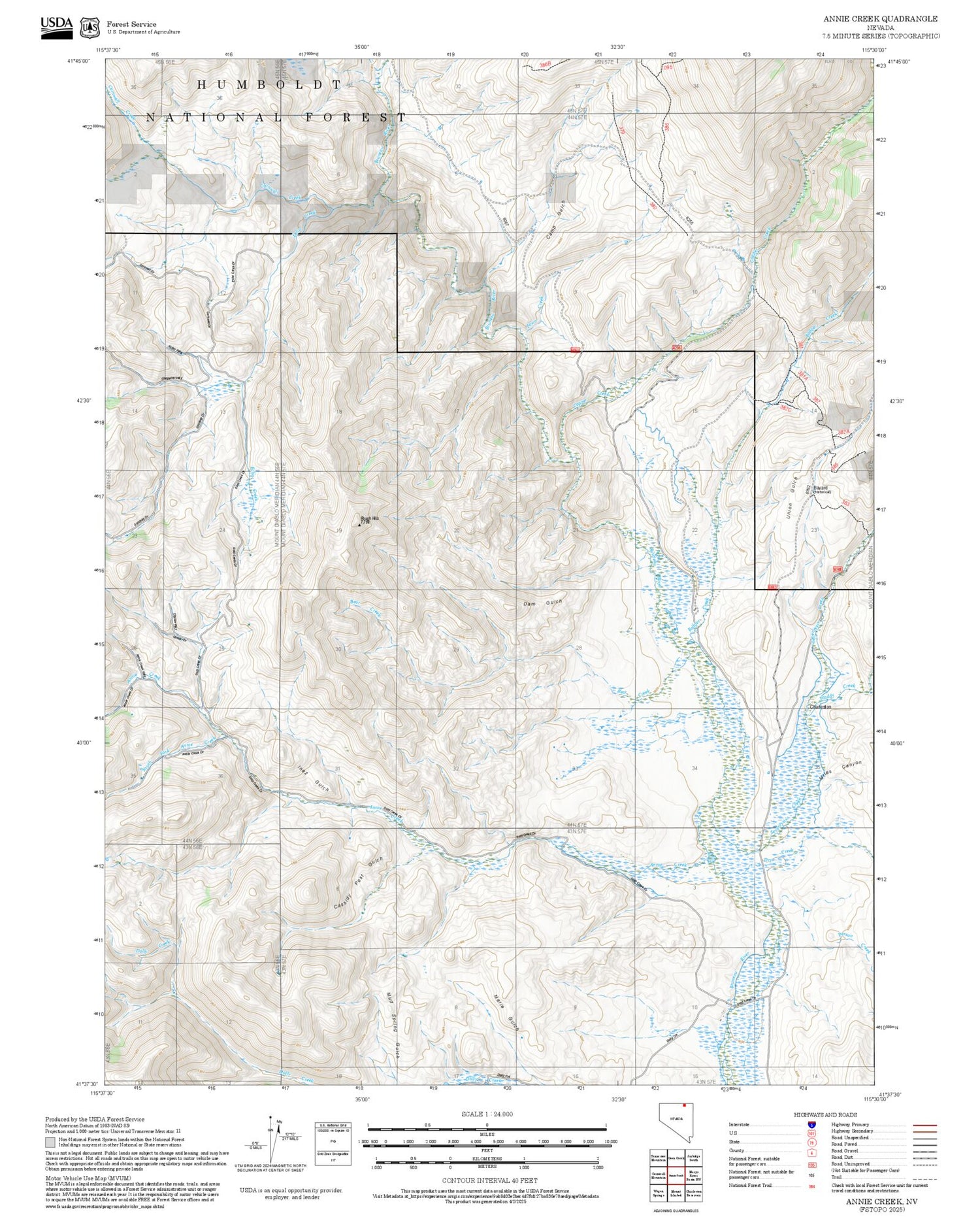 2025 Forest Service Topo Map of Annie Creek Nevada