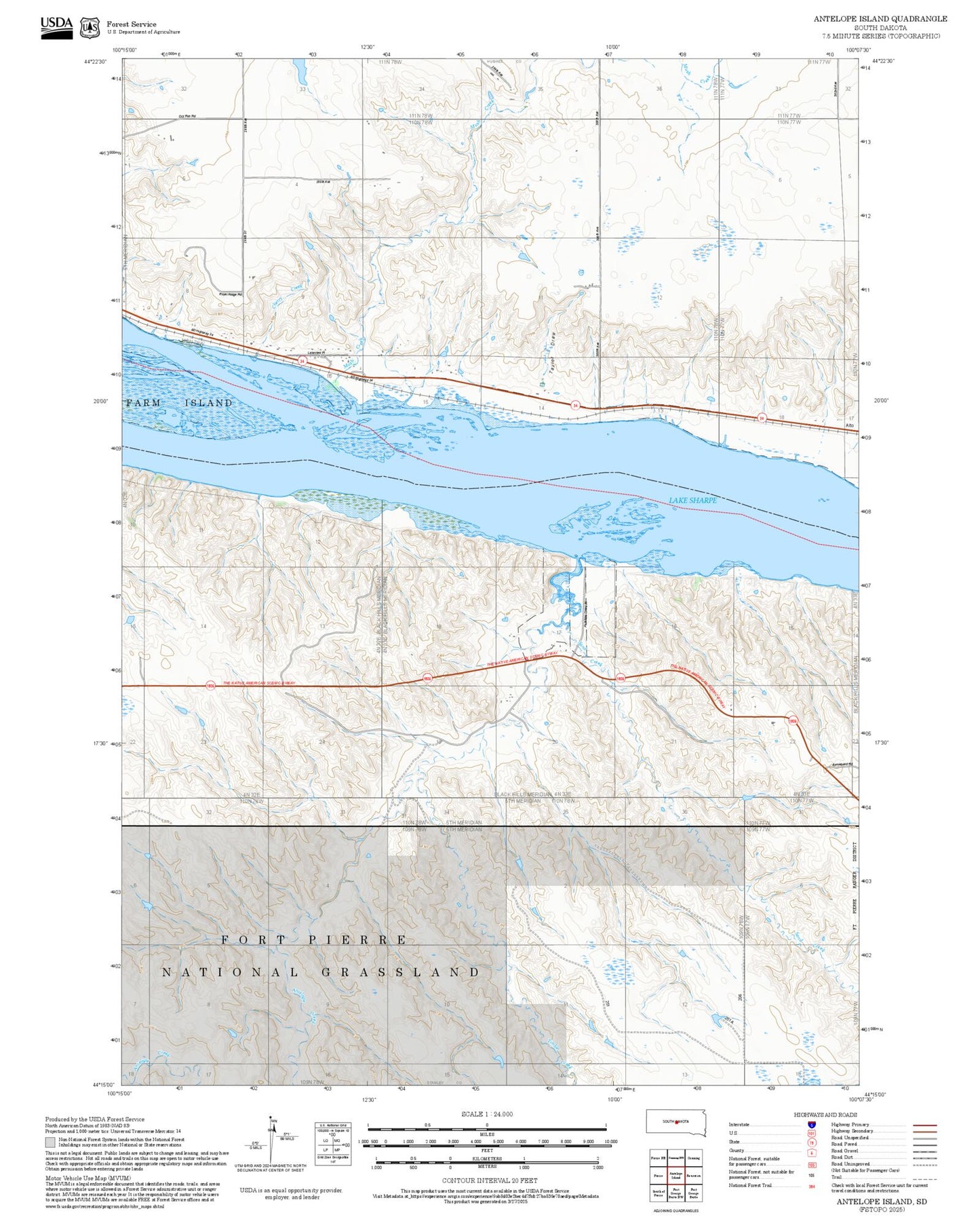 2025 Forest Service Topo Map of Antelope Island South Dakota