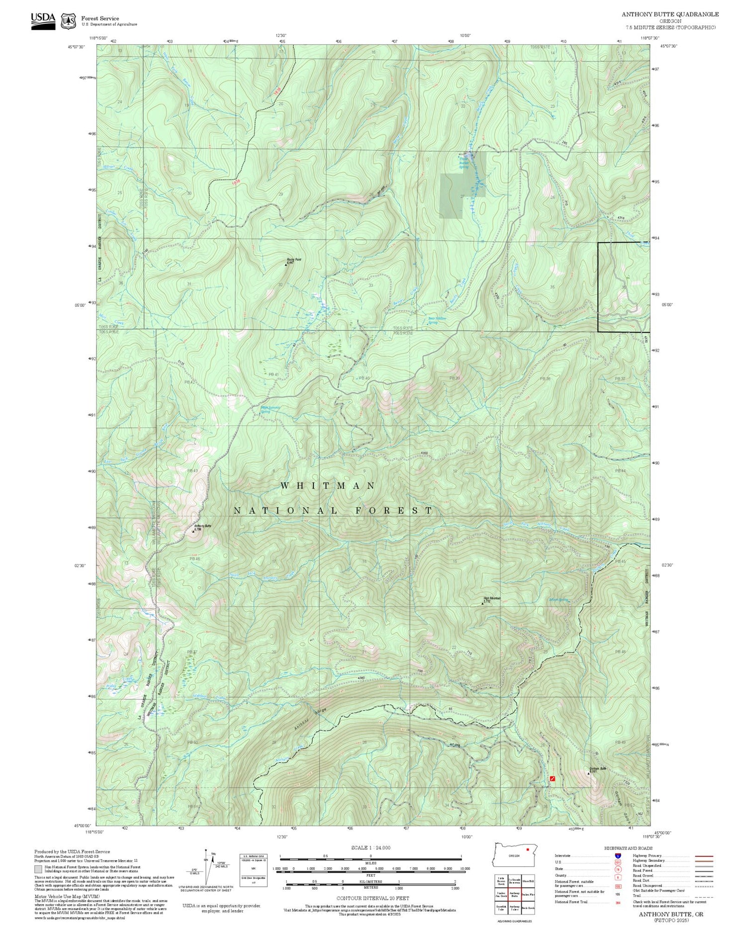 2025 Forest Service Topo Map of Anthony Butte Oregon