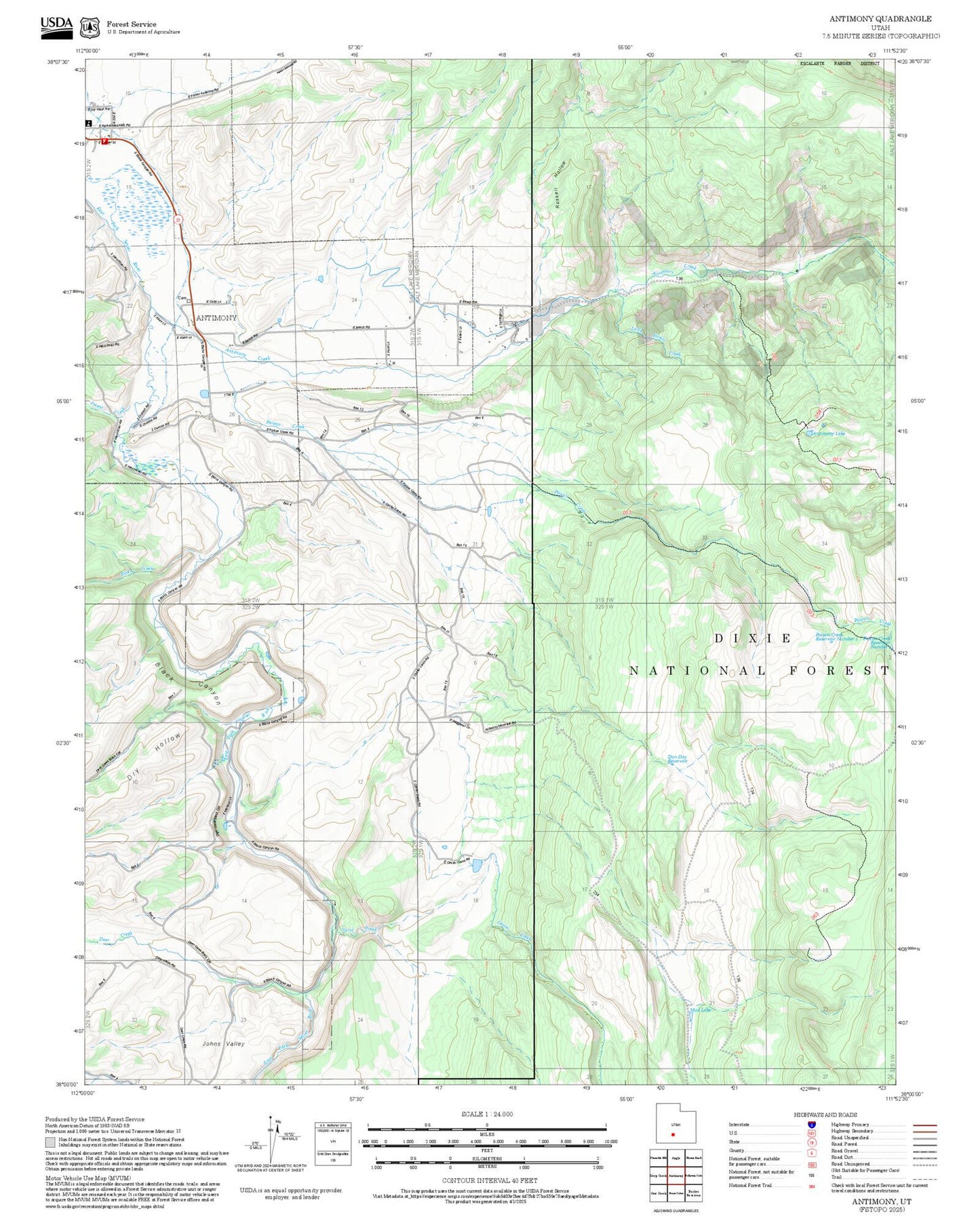 2025 Forest Service Topo Map of Antimony Utah