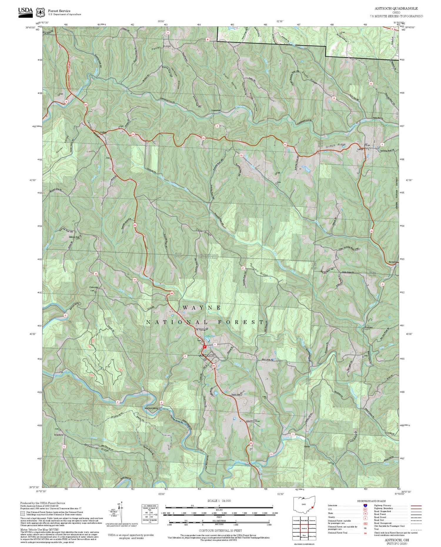 2025 Forest Service Topo Map of Antioch Ohio
