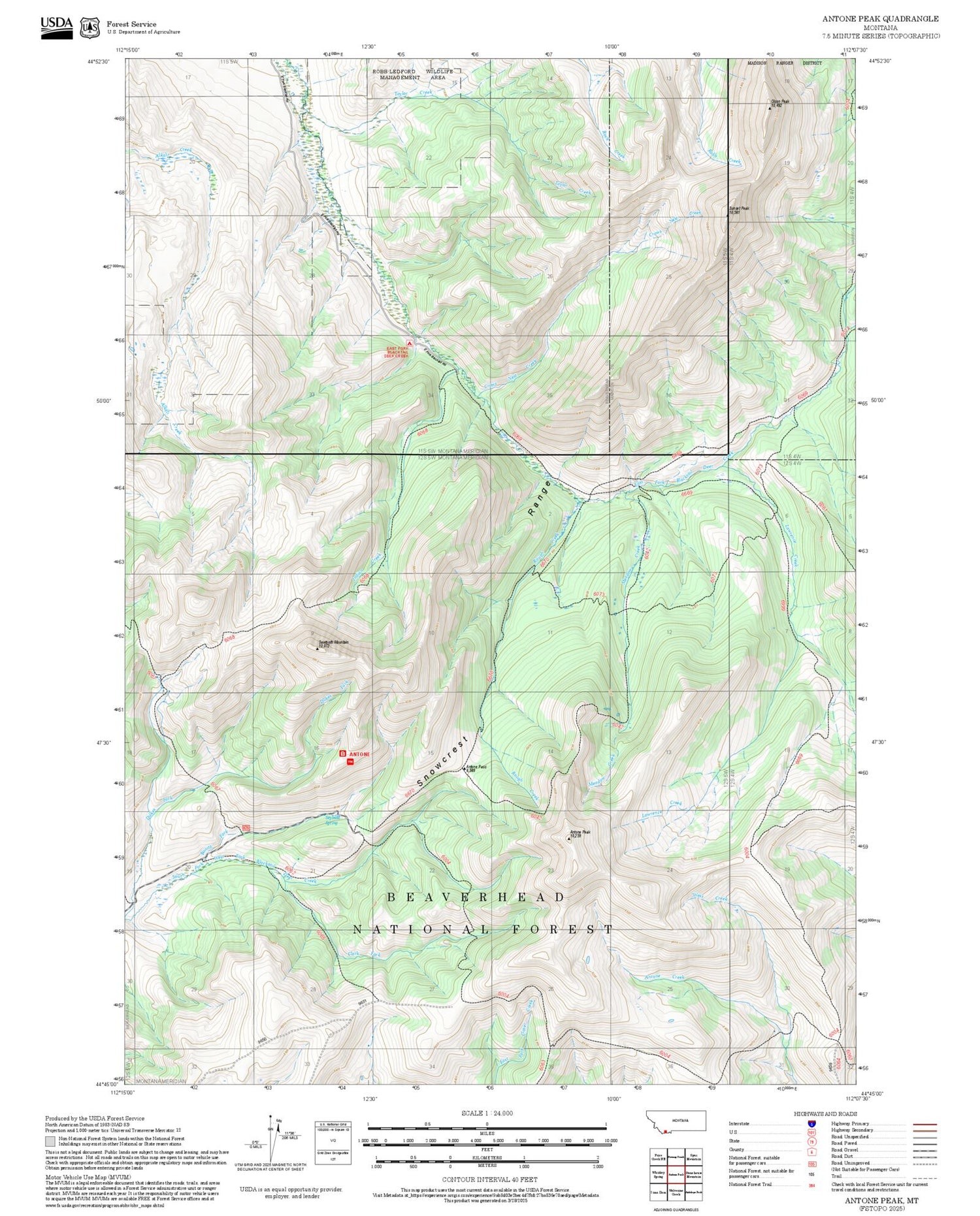 2025 Forest Service Topo Map of Antone Peak Montana