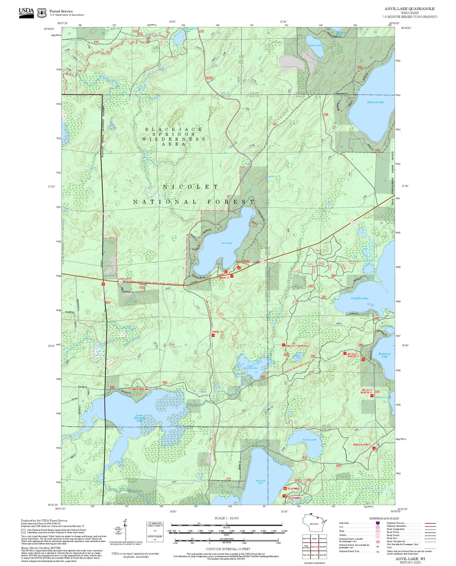 2025 Forest Service Topo Map of Anvil Lake Wisconsin
