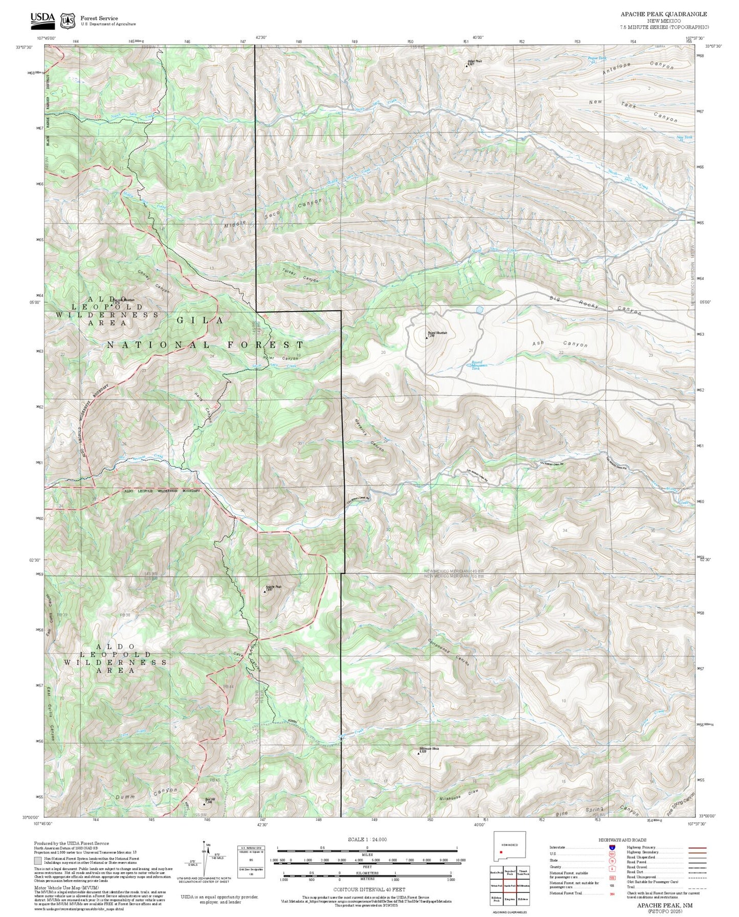 2025 Forest Service Topo Map of Apache Peak New Mexico
