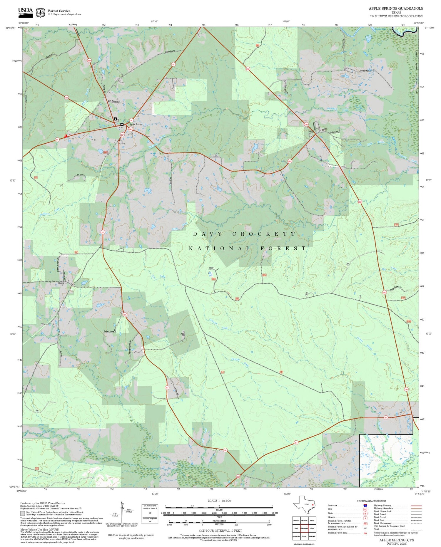 2025 Forest Service Topo Map of Apple Springs Texas