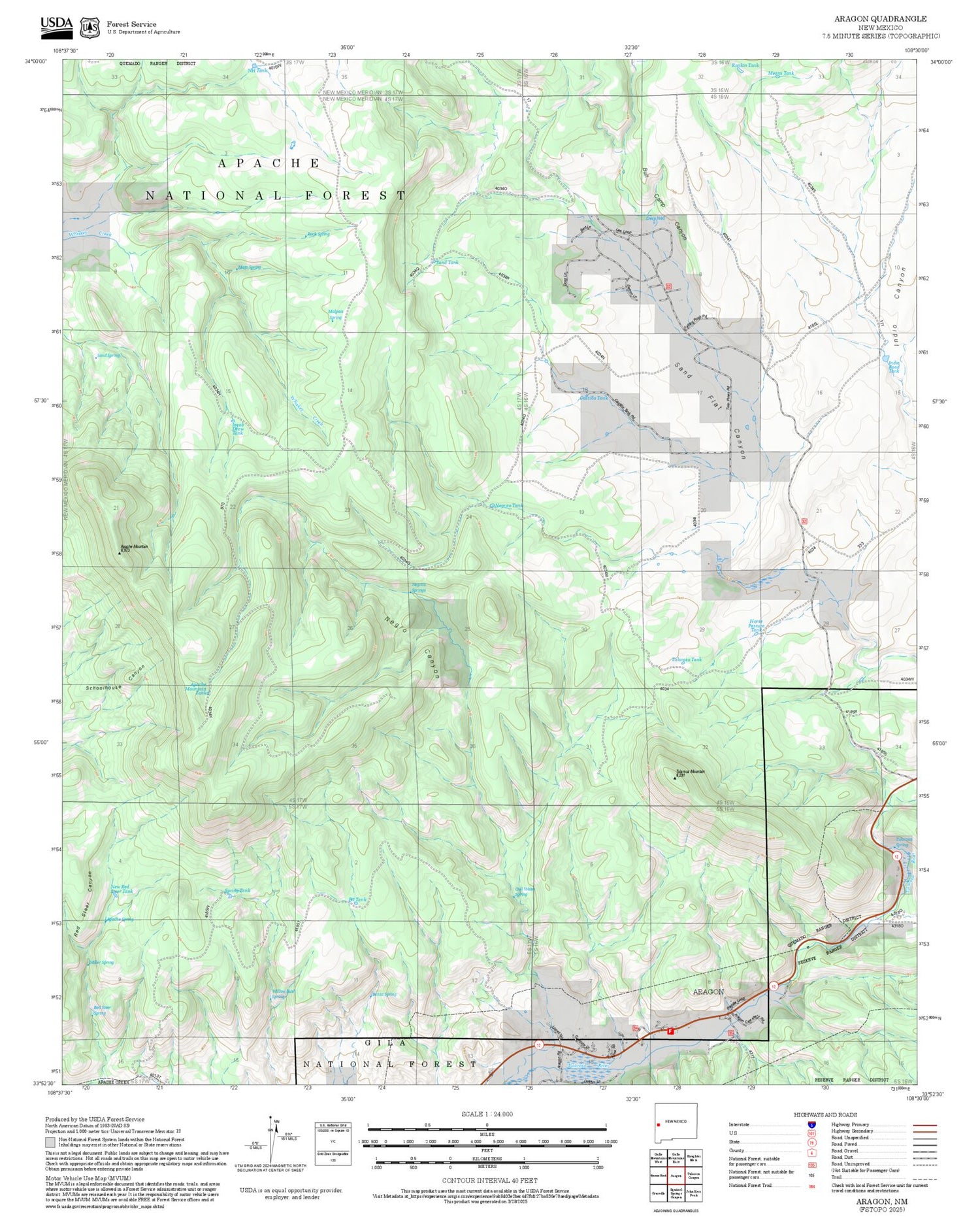 2025 Forest Service Topo Map of Aragon New Mexico