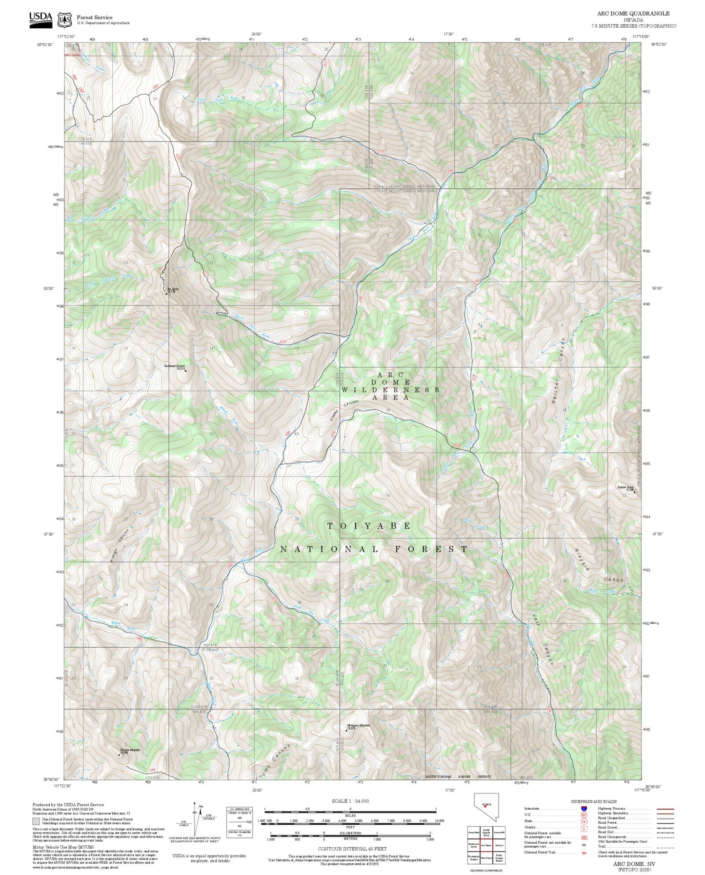 2025 Forest Service Topo Map of Arc Dome Nevada