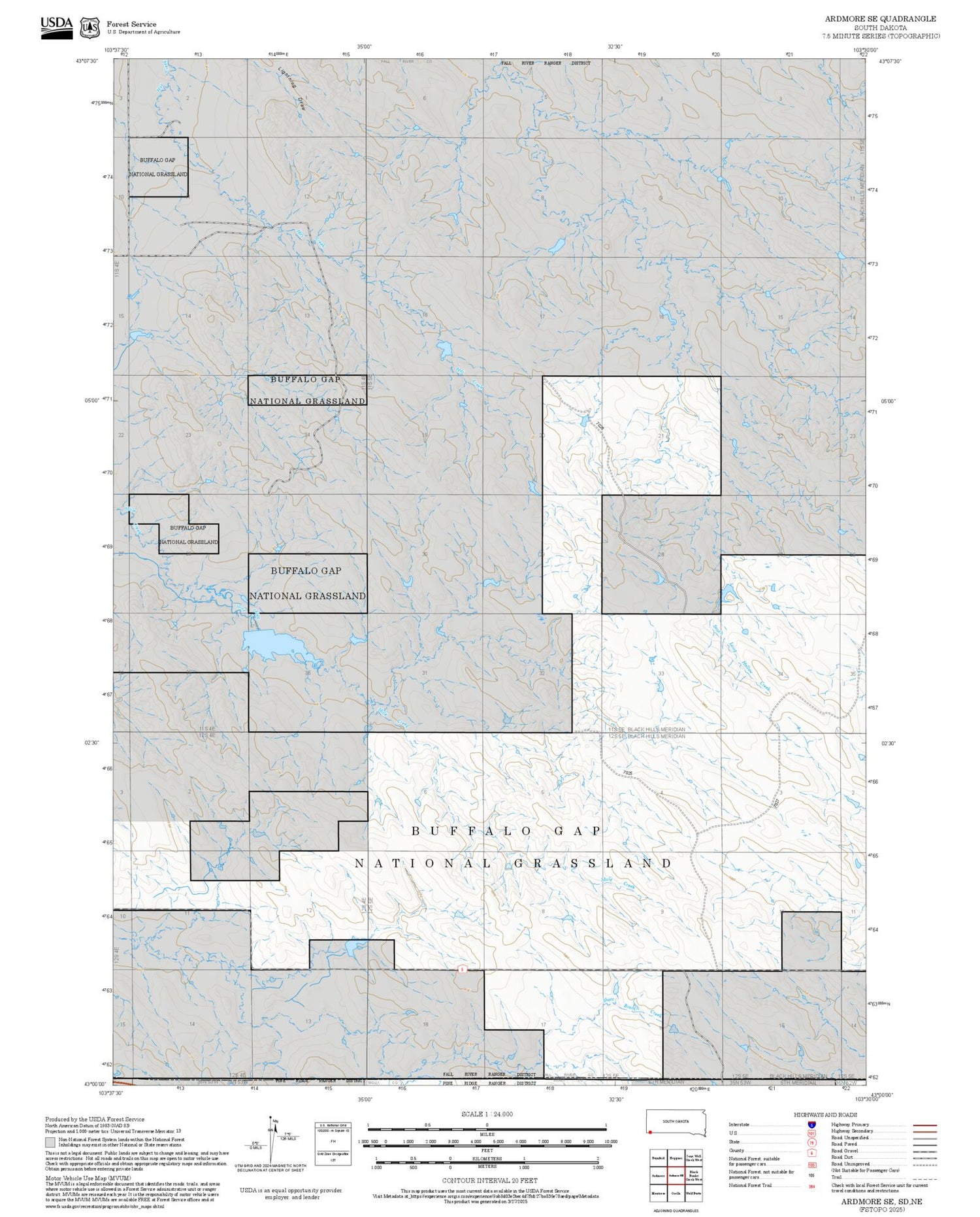 2025 Forest Service Topo Map of Ardmore SE South Dakota