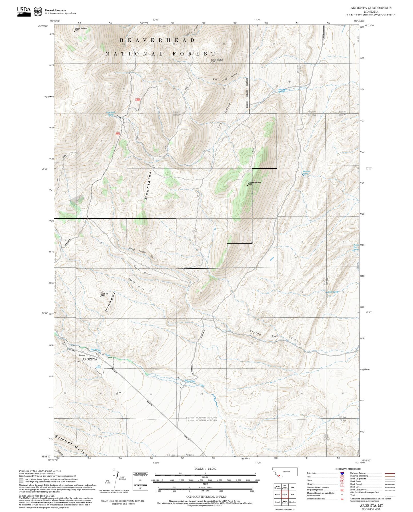 2025 Forest Service Topo Map of Argenta Montana