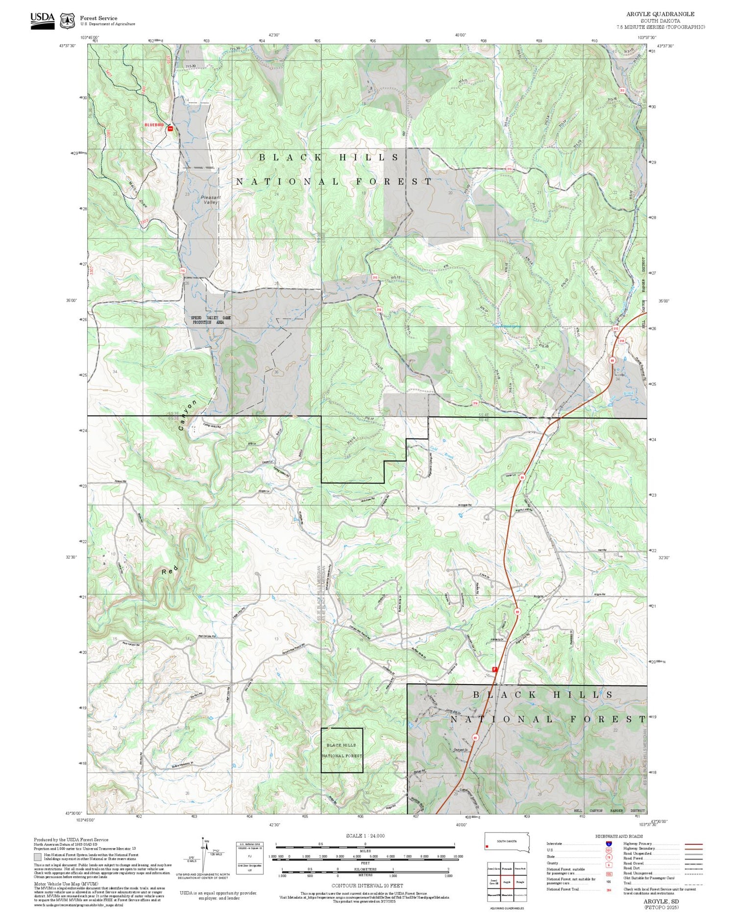 2025 Forest Service Topo Map of Argyle South Dakota