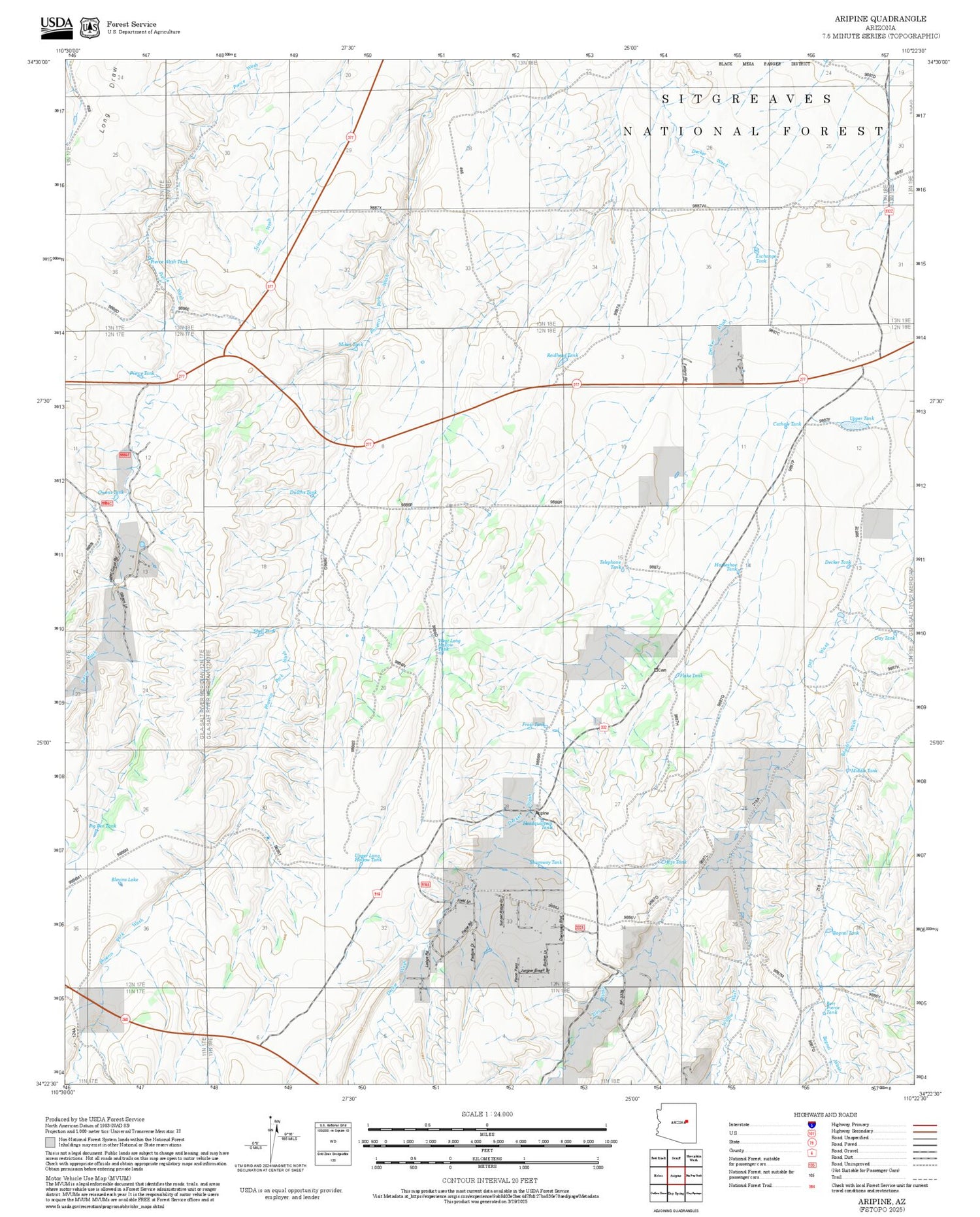 2025 Forest Service Topo Map of Aripine Arizona