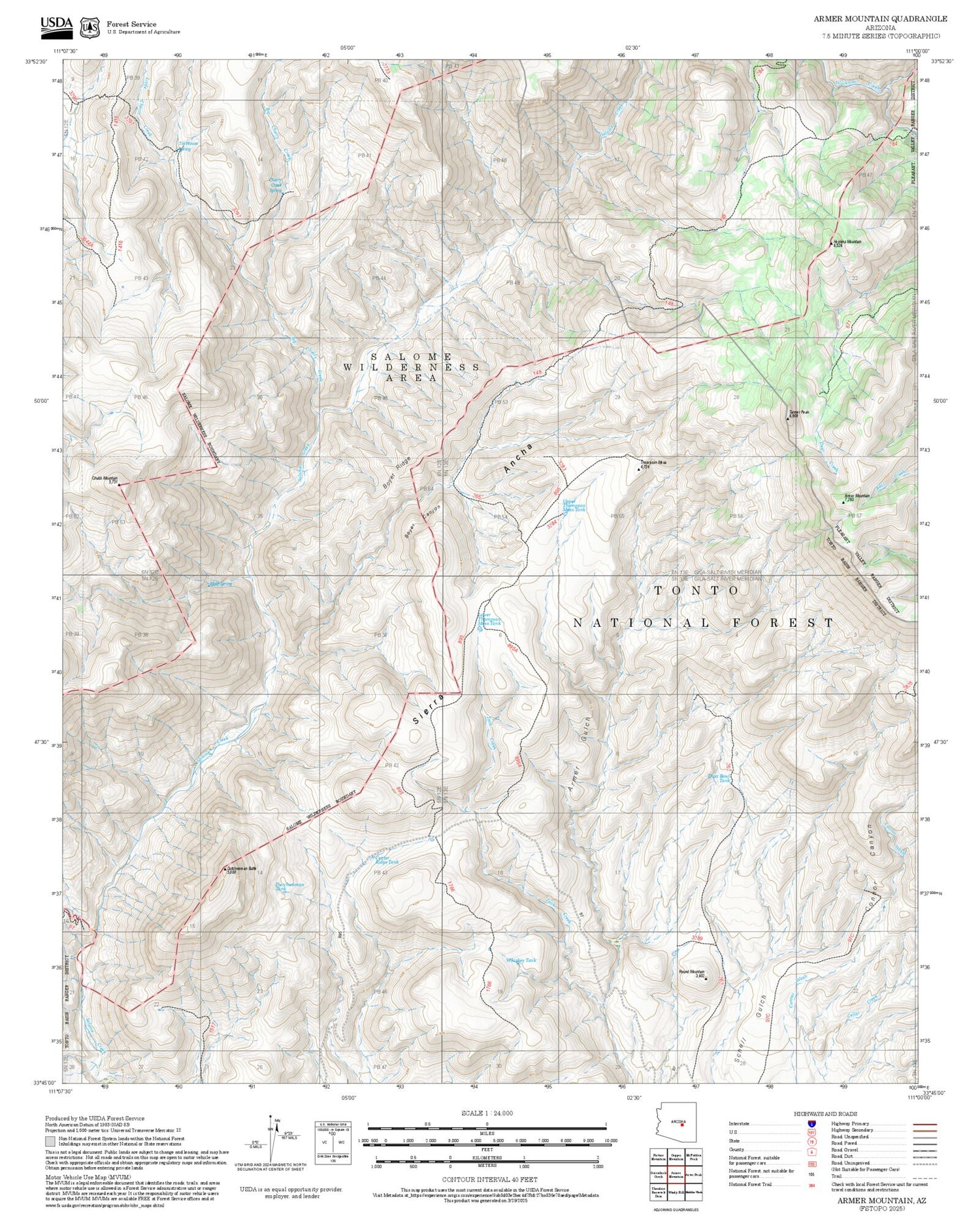 2025 Forest Service Topo Map of Armer Mountain Arizona
