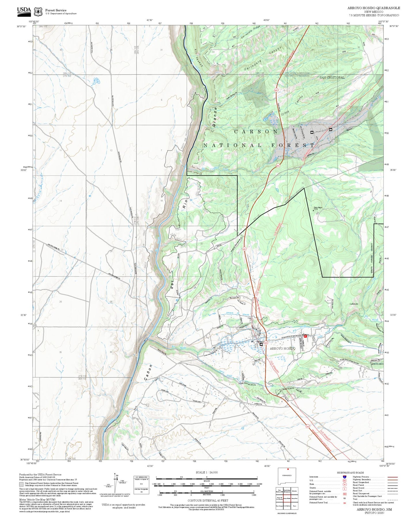 2025 Forest Service Topo Map of Arroyo Hondo New Mexico