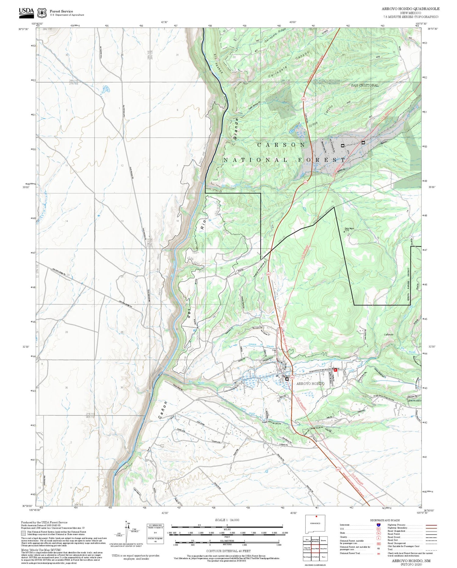 2025 Forest Service Topo Map of Arroyo Hondo New Mexico