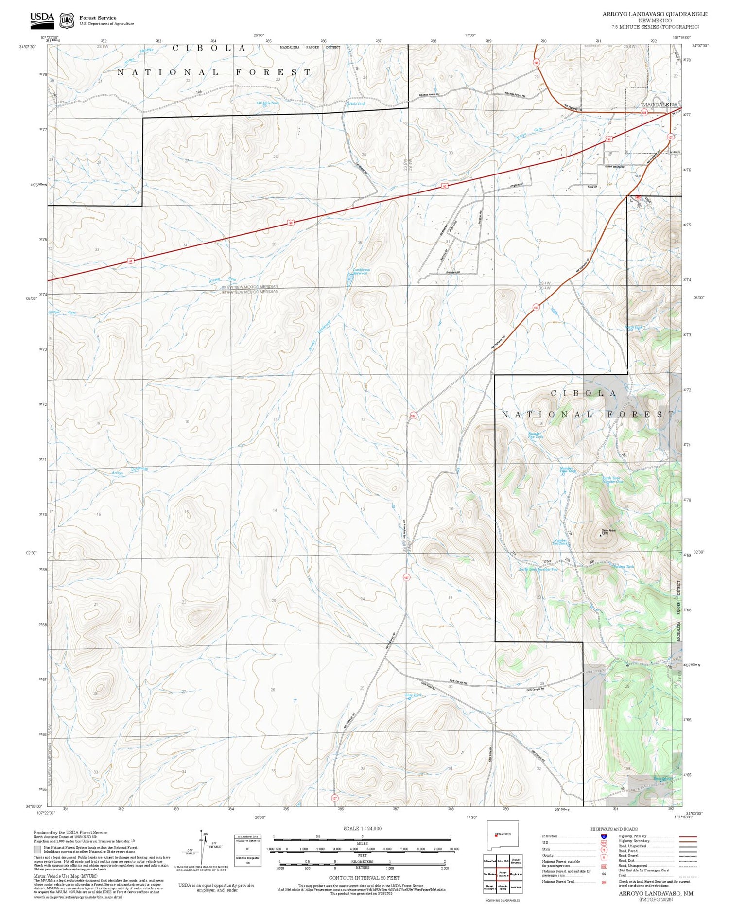 2025 Forest Service Topo Map of Arroyo Landavaso New Mexico