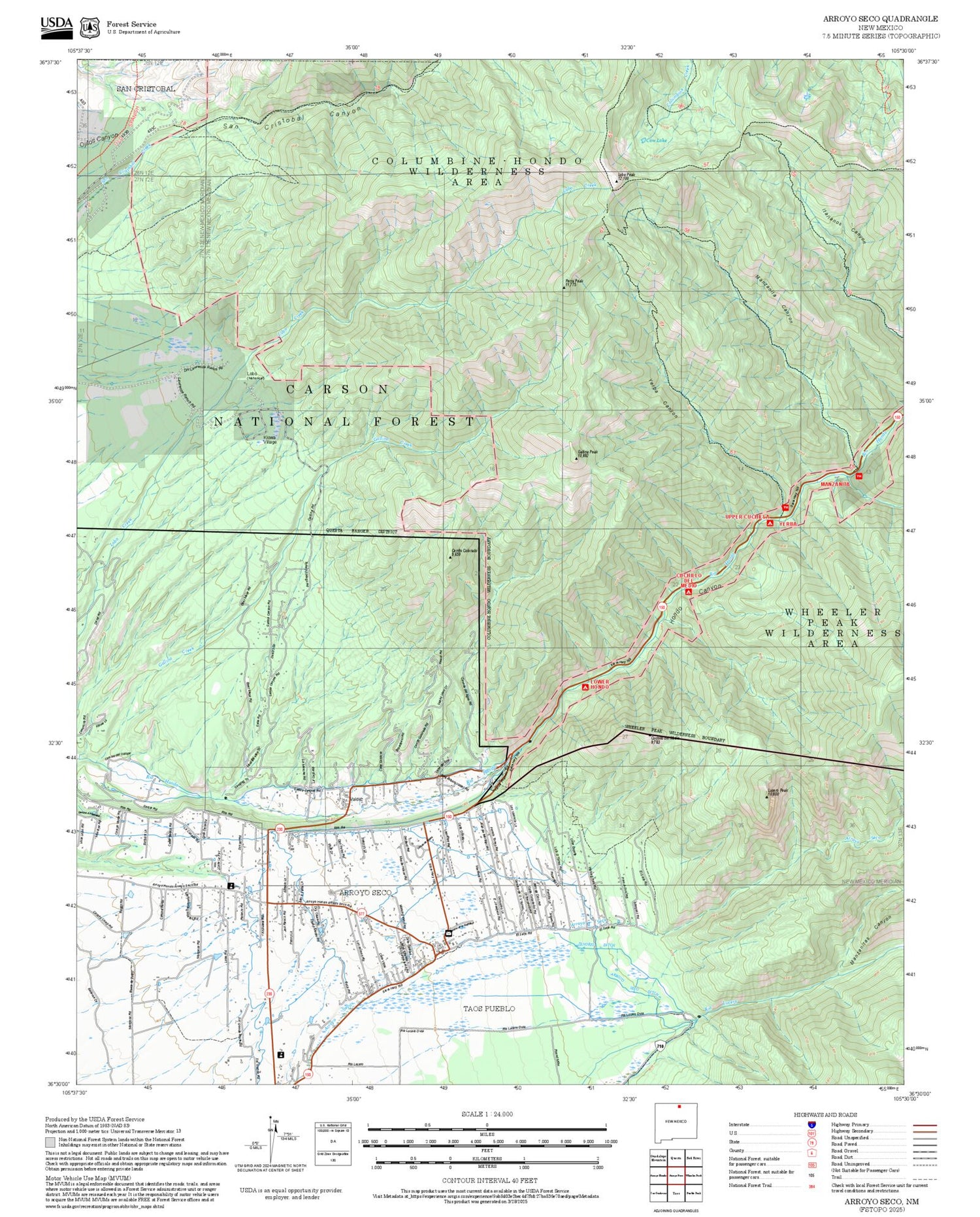 2025 Forest Service Topo Map of Arroyo Seco New Mexico