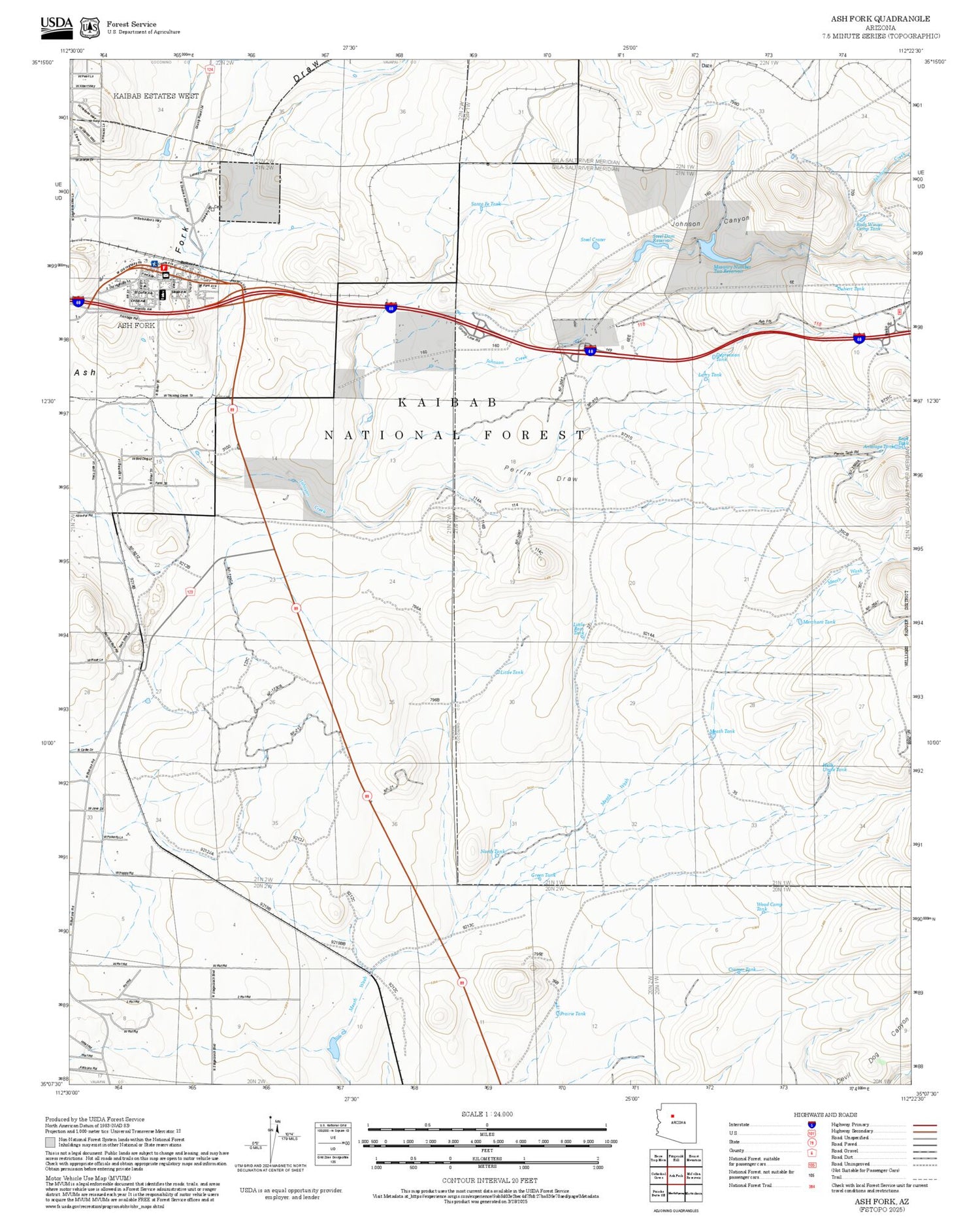 2025 Forest Service Topo Map of Ash Fork Arizona