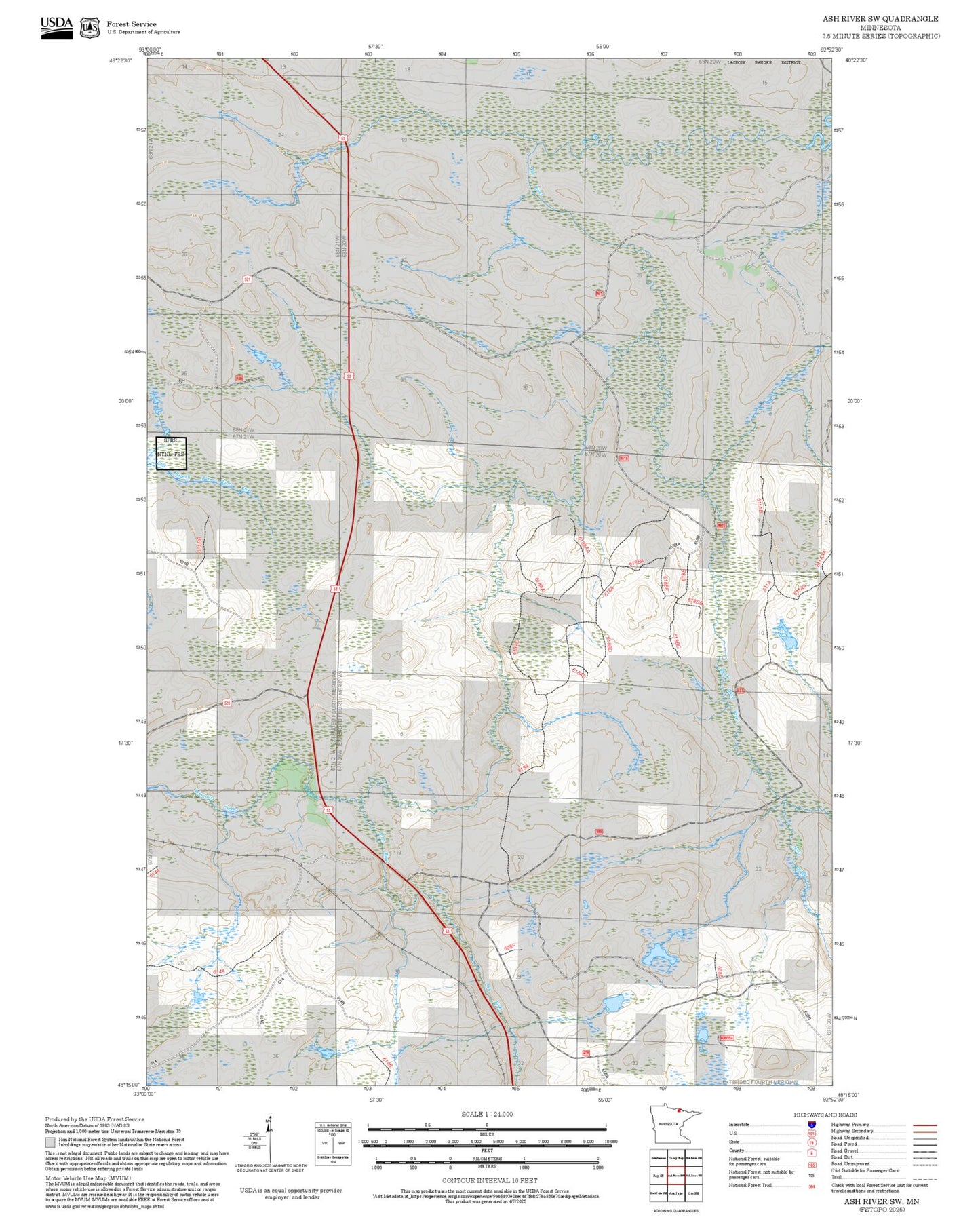 2025 Forest Service Topo Map of Ash River SW Minnesota