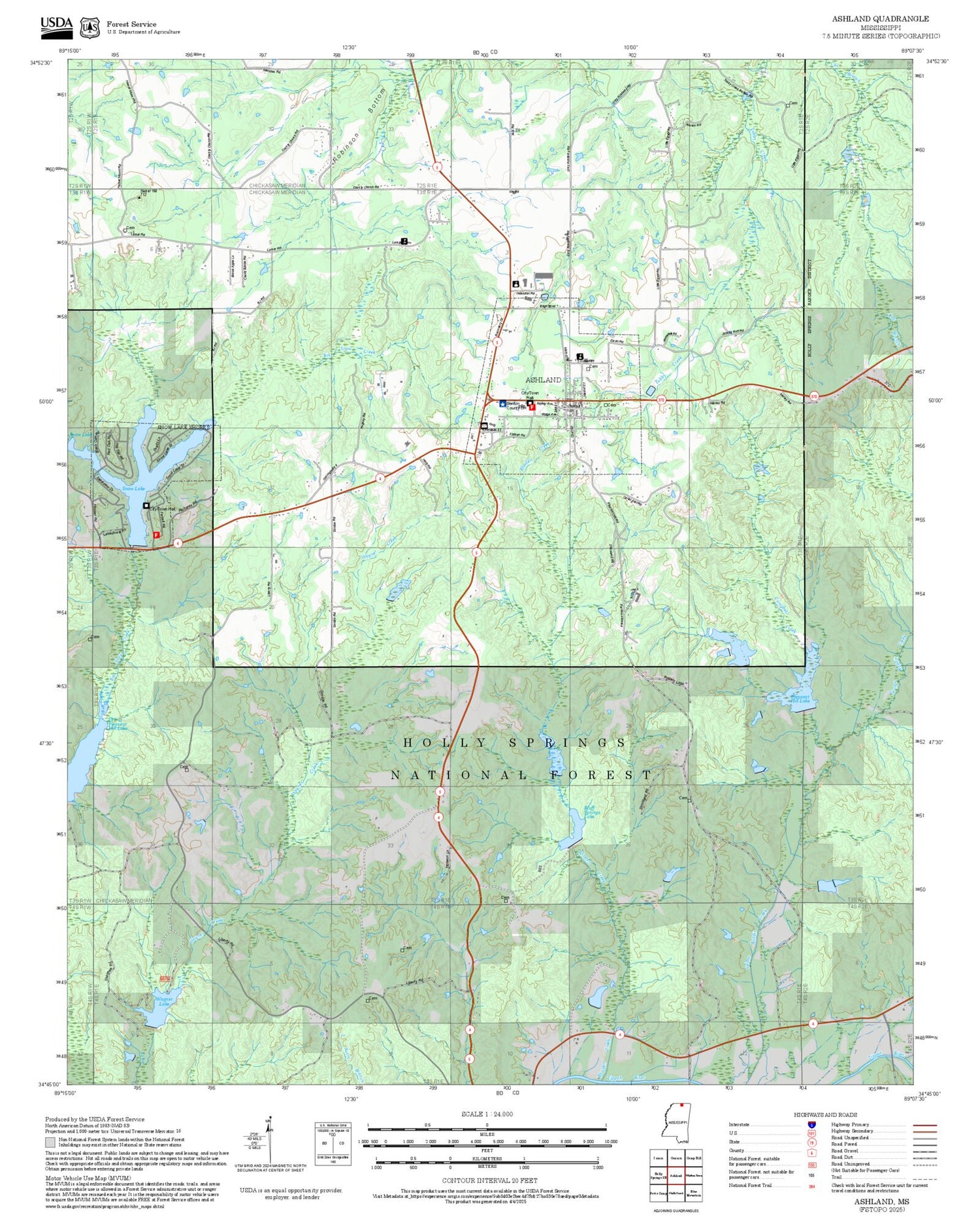 2025 Forest Service Topo Map of Ashland Mississippi