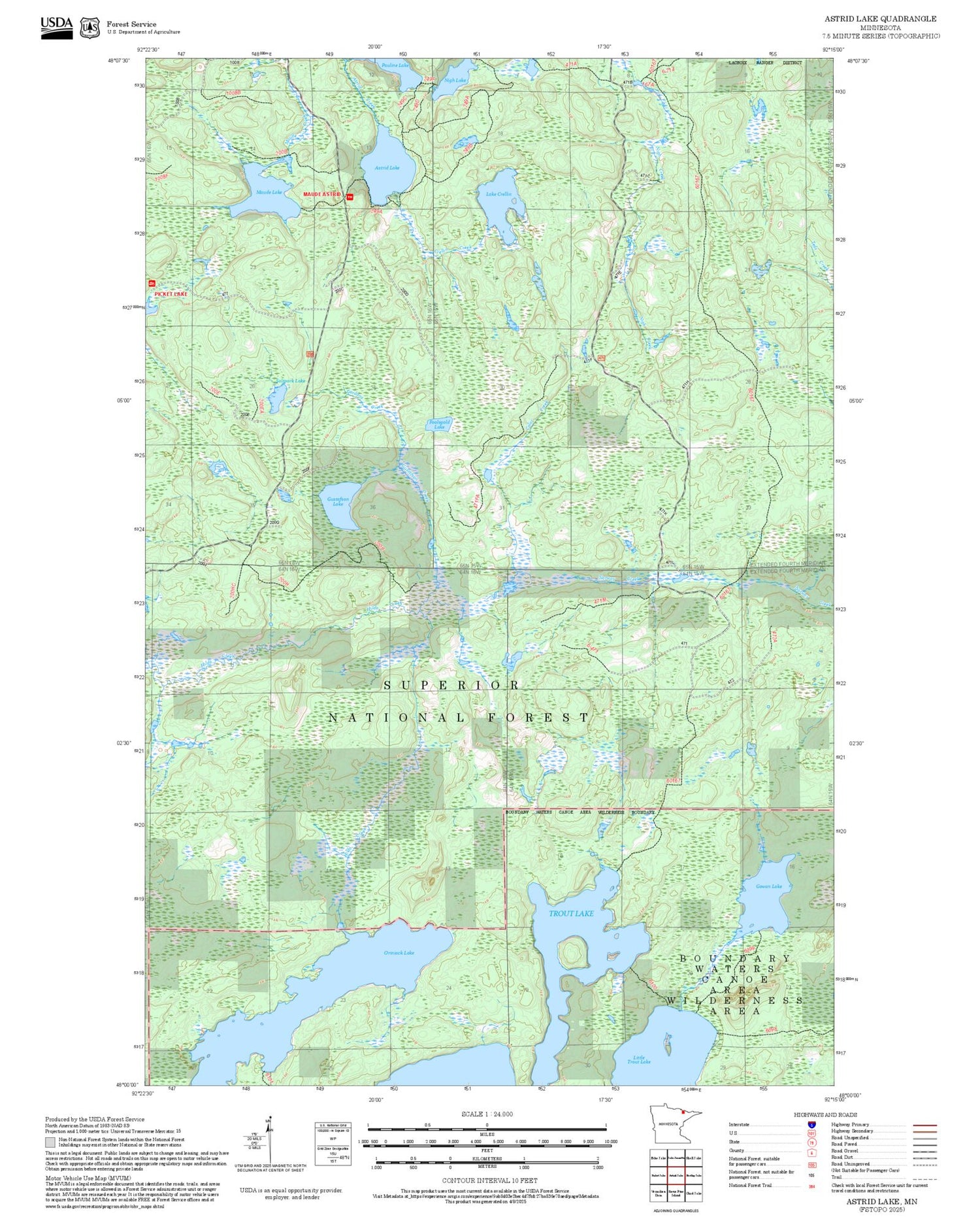 2025 Forest Service Topo Map of Astrid Lake Minnesota