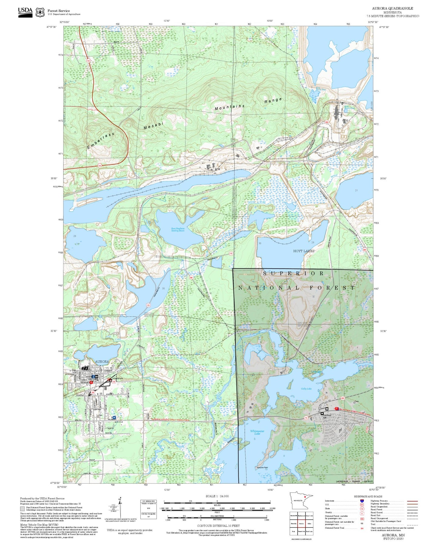 2025 Forest Service Topo Map of Aurora Minnesota