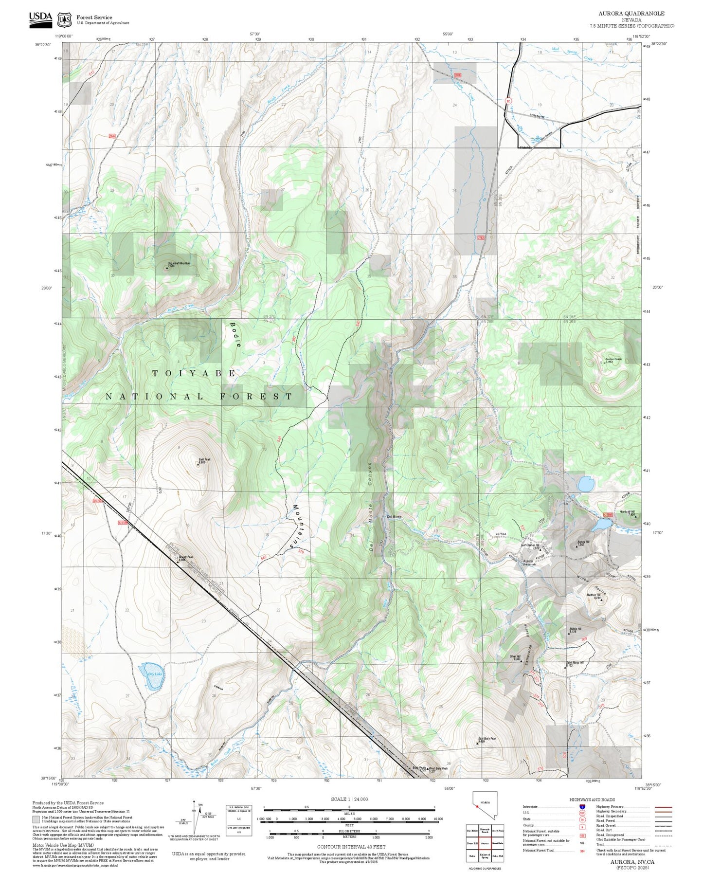 2025 Forest Service Topo Map of Aurora Nevada