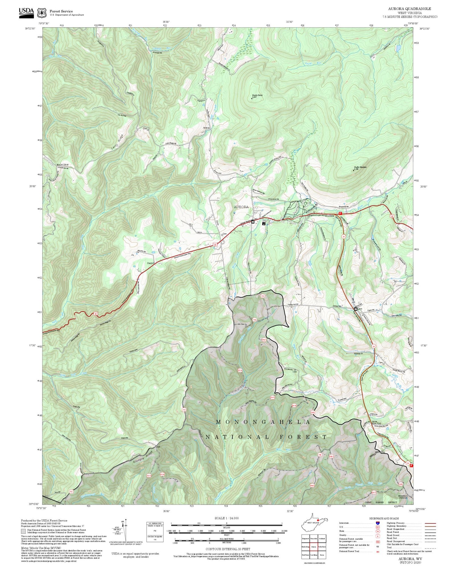 2025 Forest Service Topo Map of Aurora West Virginia