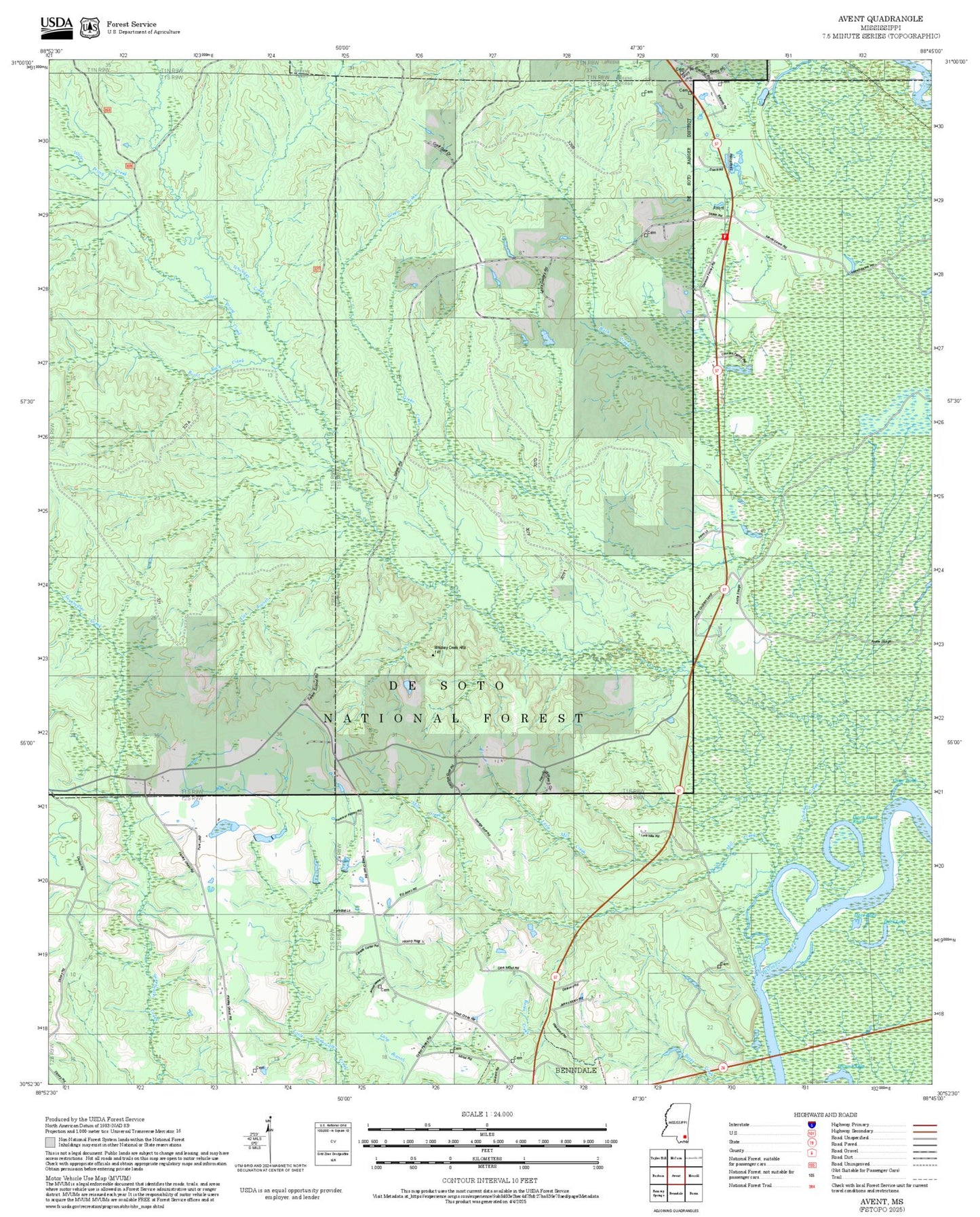 2025 Forest Service Topo Map of Avent Mississippi