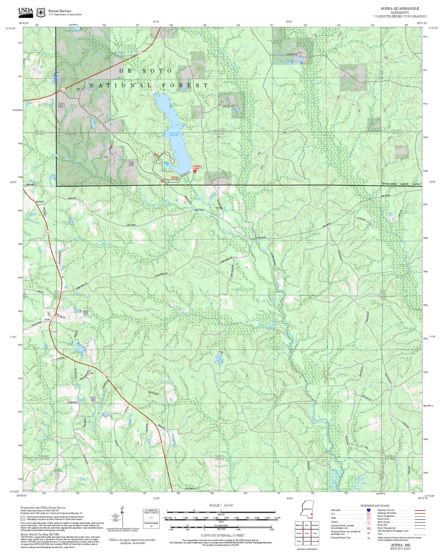 2025 Forest Service Topo Map of Avera Mississippi