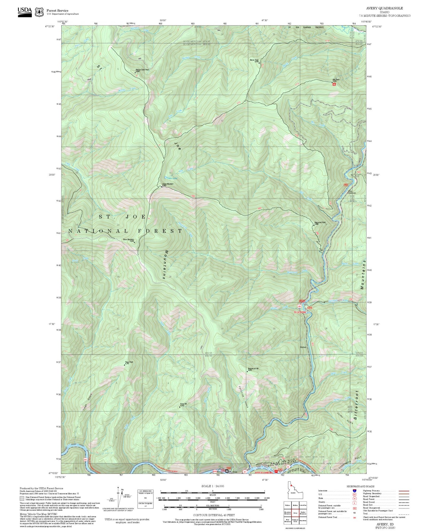 2025 Forest Service Topo Map of Avery Idaho