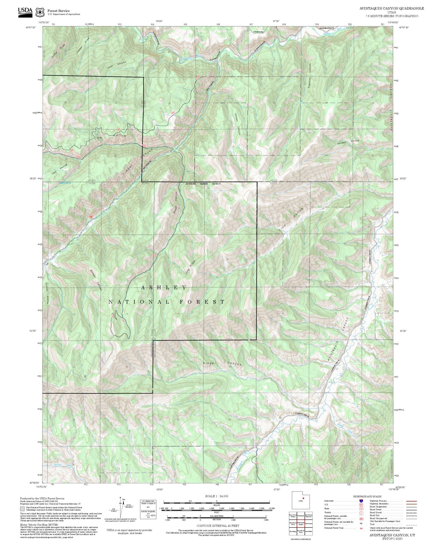2025 Forest Service Topo Map of Avintaquin Canyon Utah
