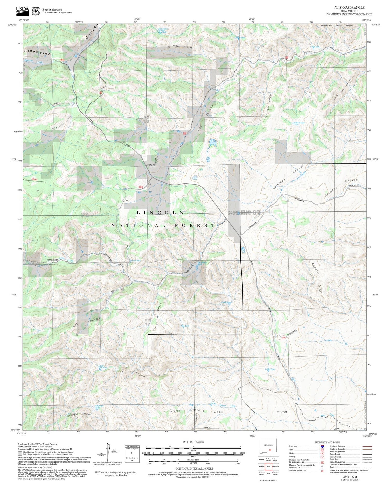 2025 Forest Service Topo Map of Avis New Mexico