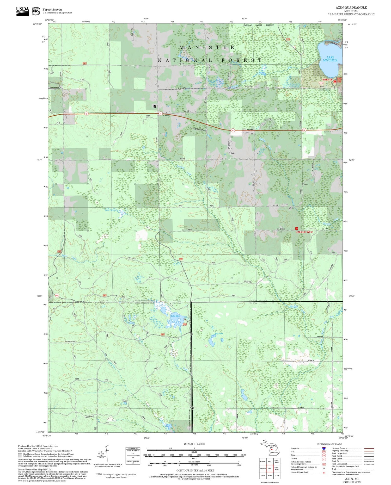 2025 Forest Service Topo Map of Axin Michigan