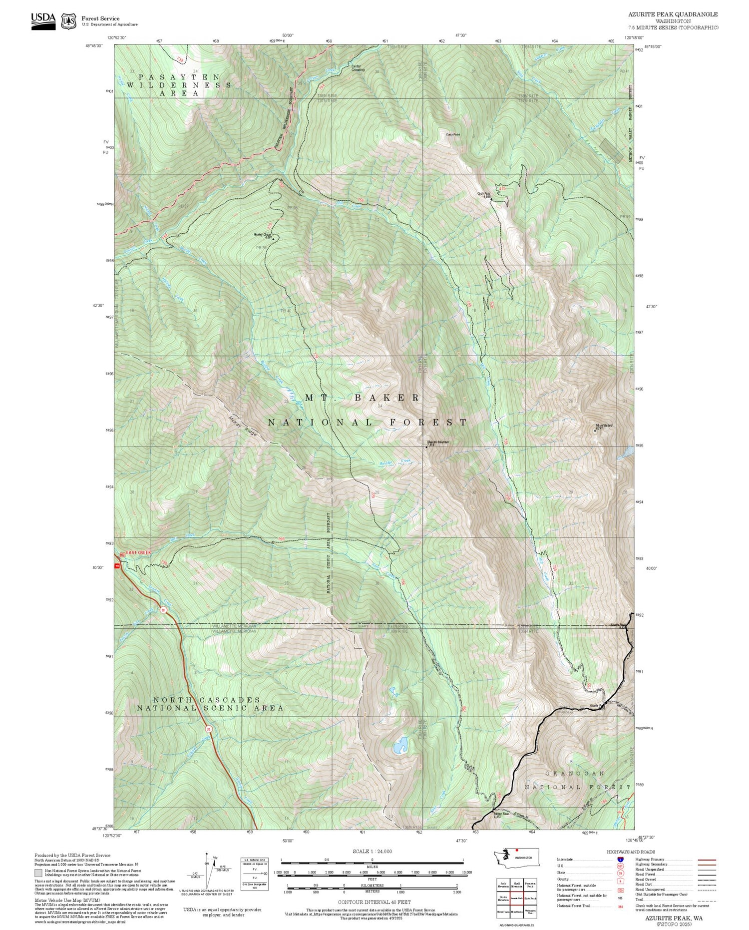 2025 Forest Service Topo Map of Azurite Peak Washington