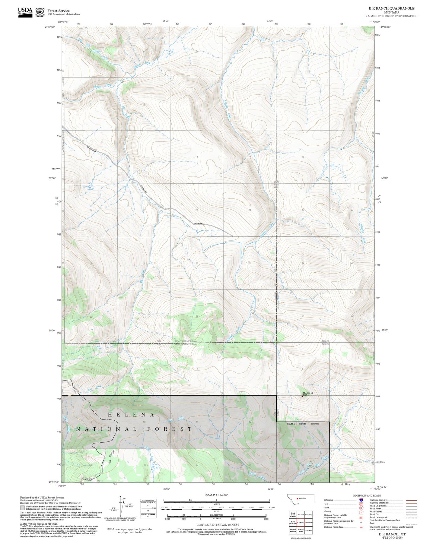 2025 Forest Service Topo Map of B K Ranch Montana