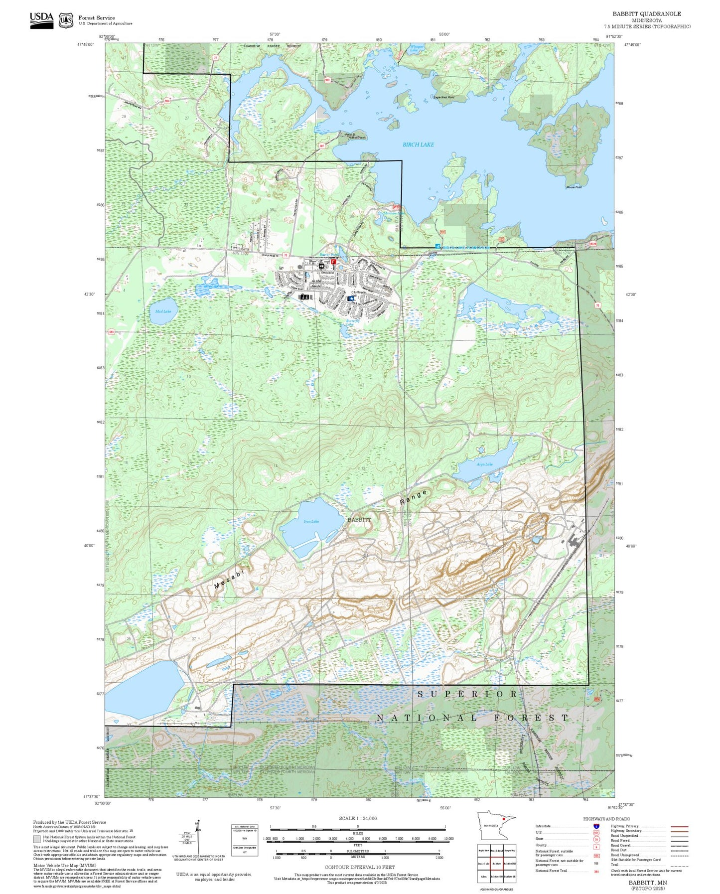 2025 Forest Service Topo Map of Babbitt Minnesota
