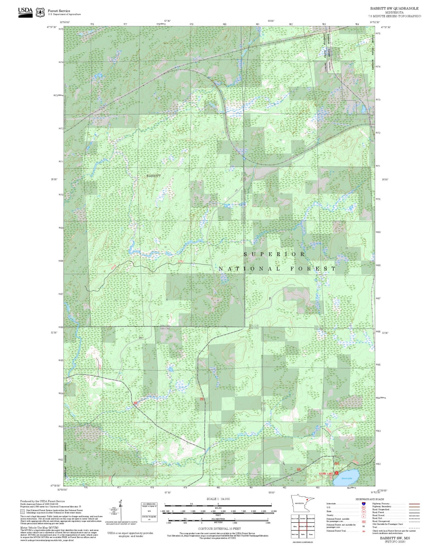 2025 Forest Service Topo Map of Babbitt SW Minnesota