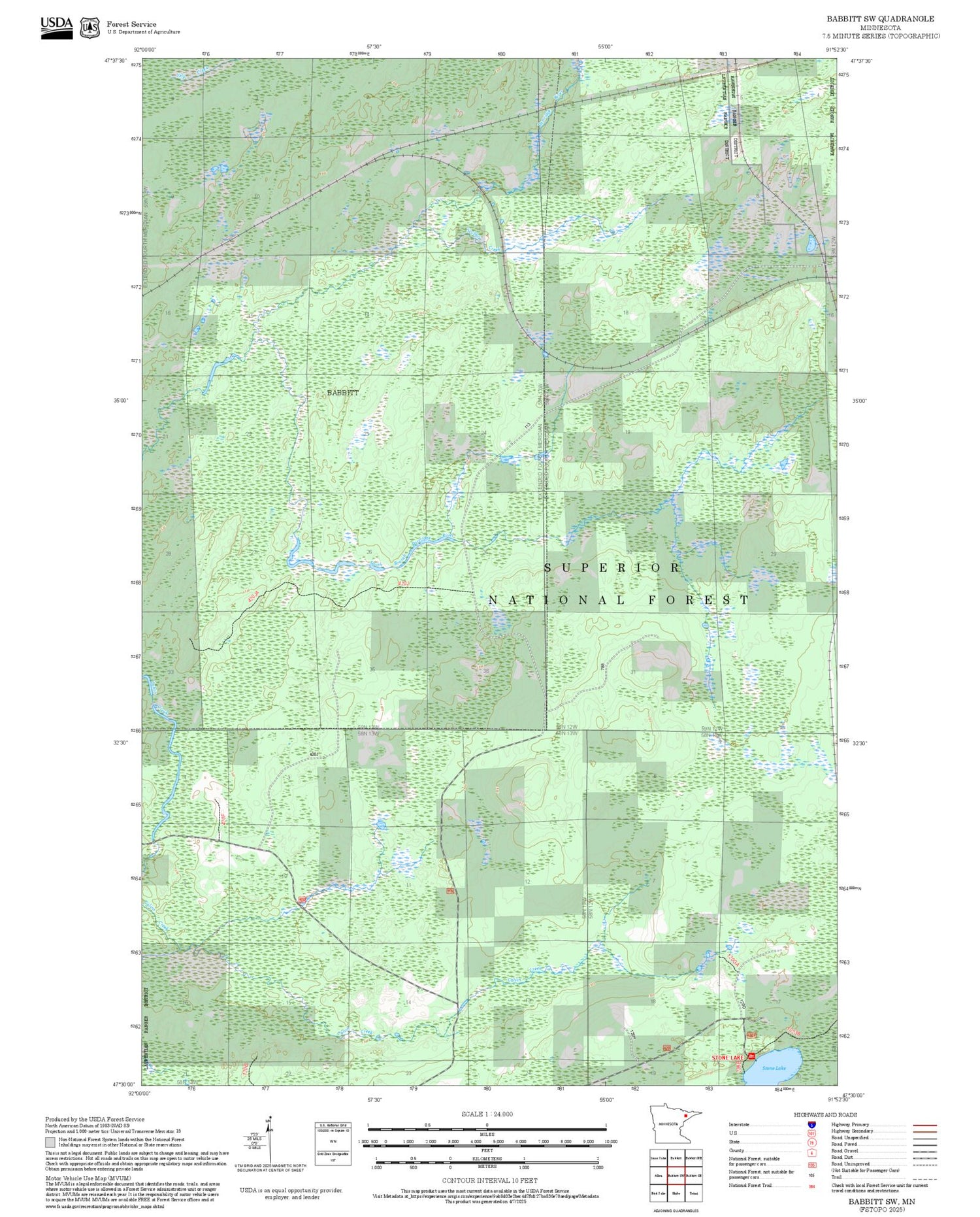 2025 Forest Service Topo Map of Babbitt SW Minnesota