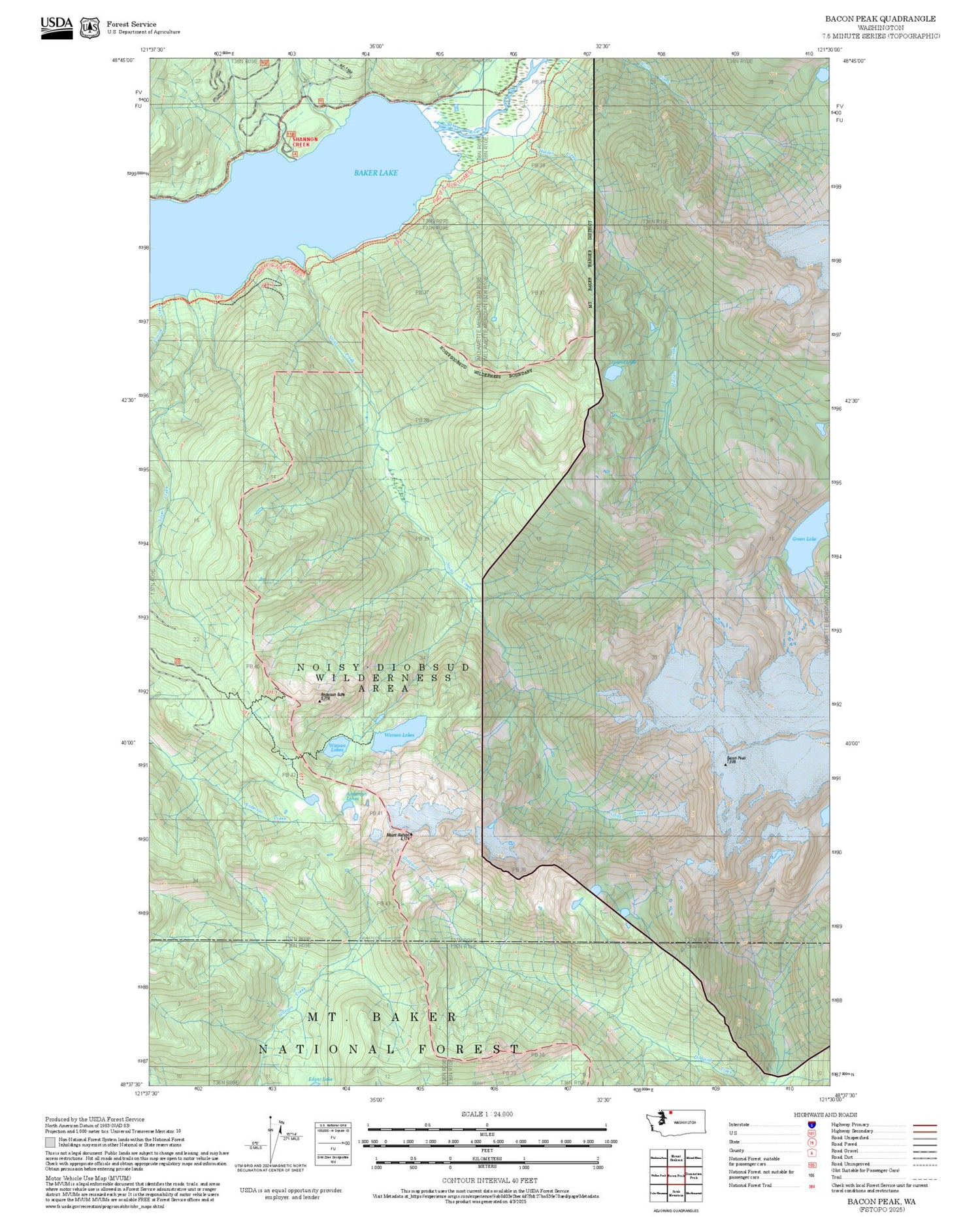 2025 Forest Service Topo Map of Bacon Peak Washington