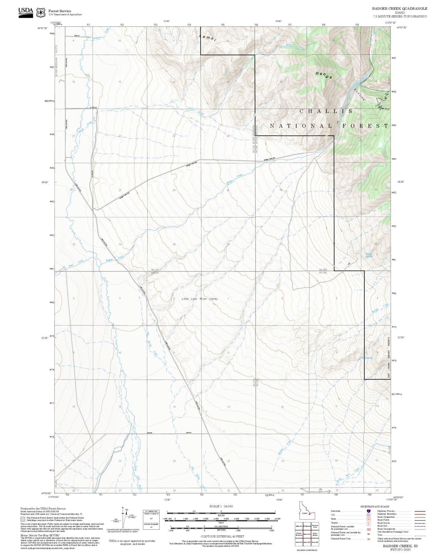 2025 Forest Service Topo Map of Badger Creek Idaho