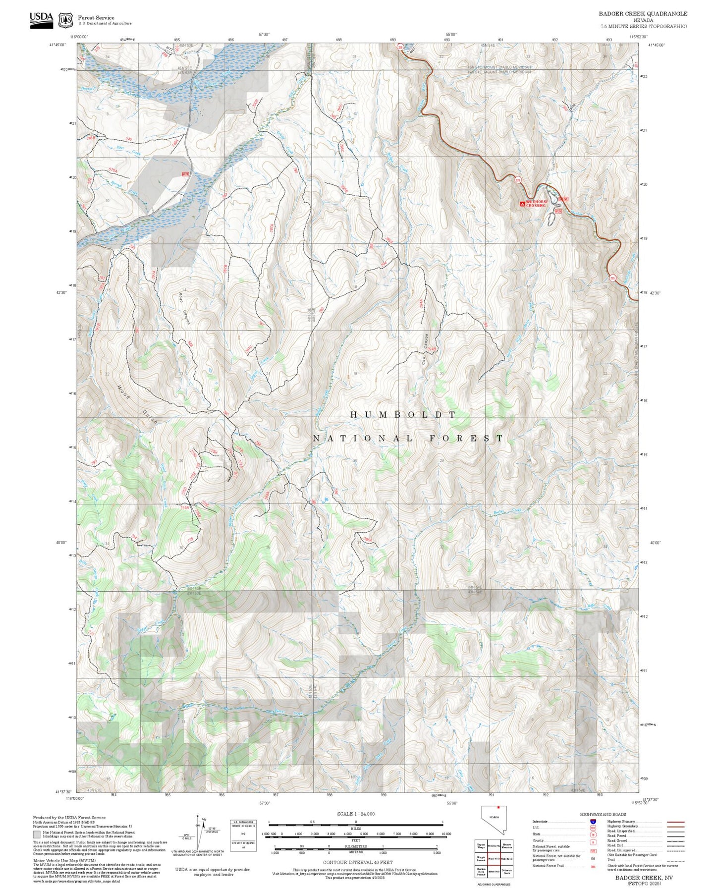 2025 Forest Service Topo Map of Badger Creek Nevada