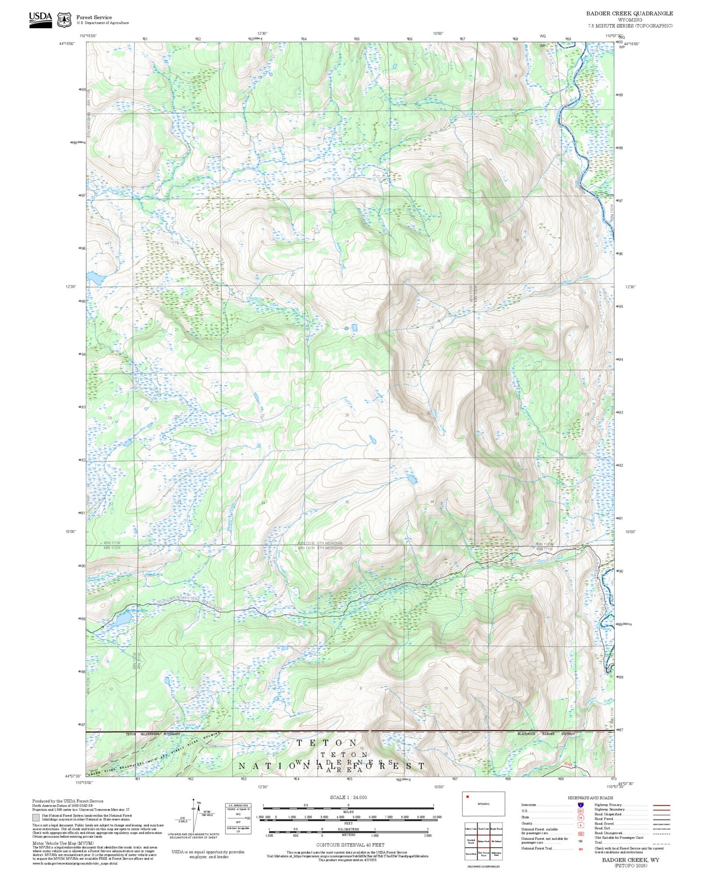 2025 Forest Service Topo Map of Badger Creek Wyoming