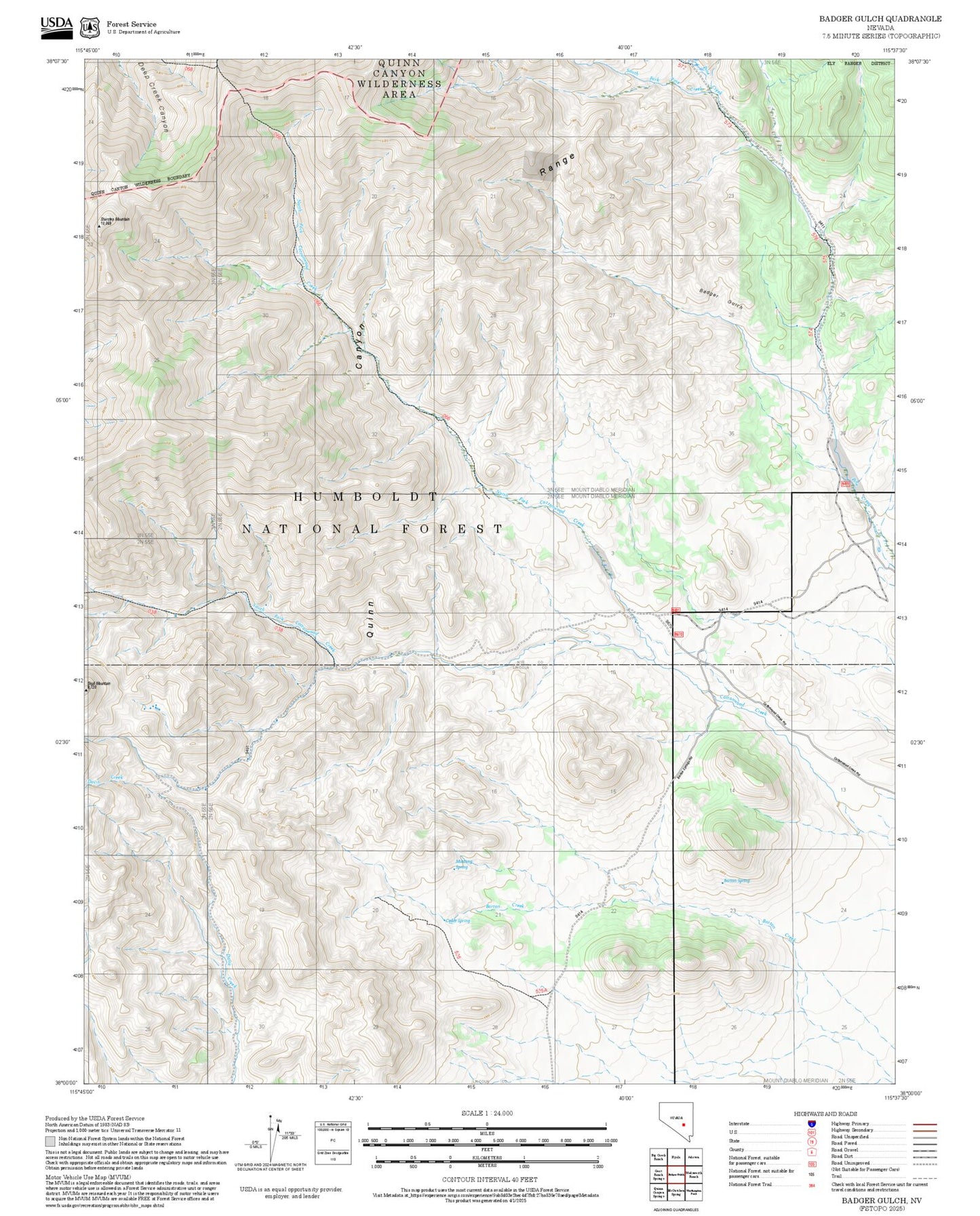 2025 Forest Service Topo Map of Badger Gulch Nevada